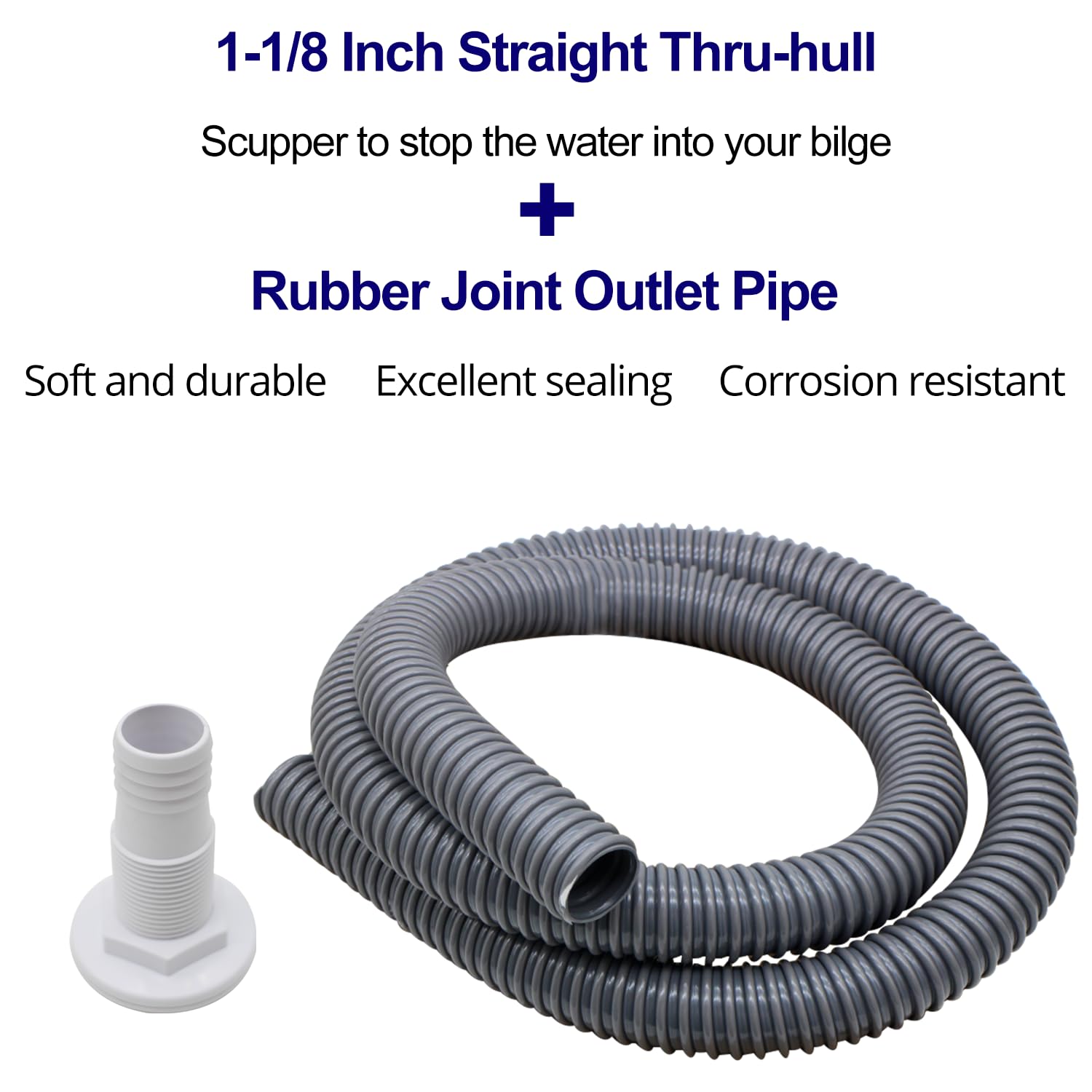 1-1/8-Inch Marine Bilge Pump Hose Kit - 6FT Premium PVC Hose with 2 Stainless Steel Clamps & Thru-Hull Fitting - Boat Drainage System for Yachts, Sailboats, Fishing Vessels (Waterproof & Durable)