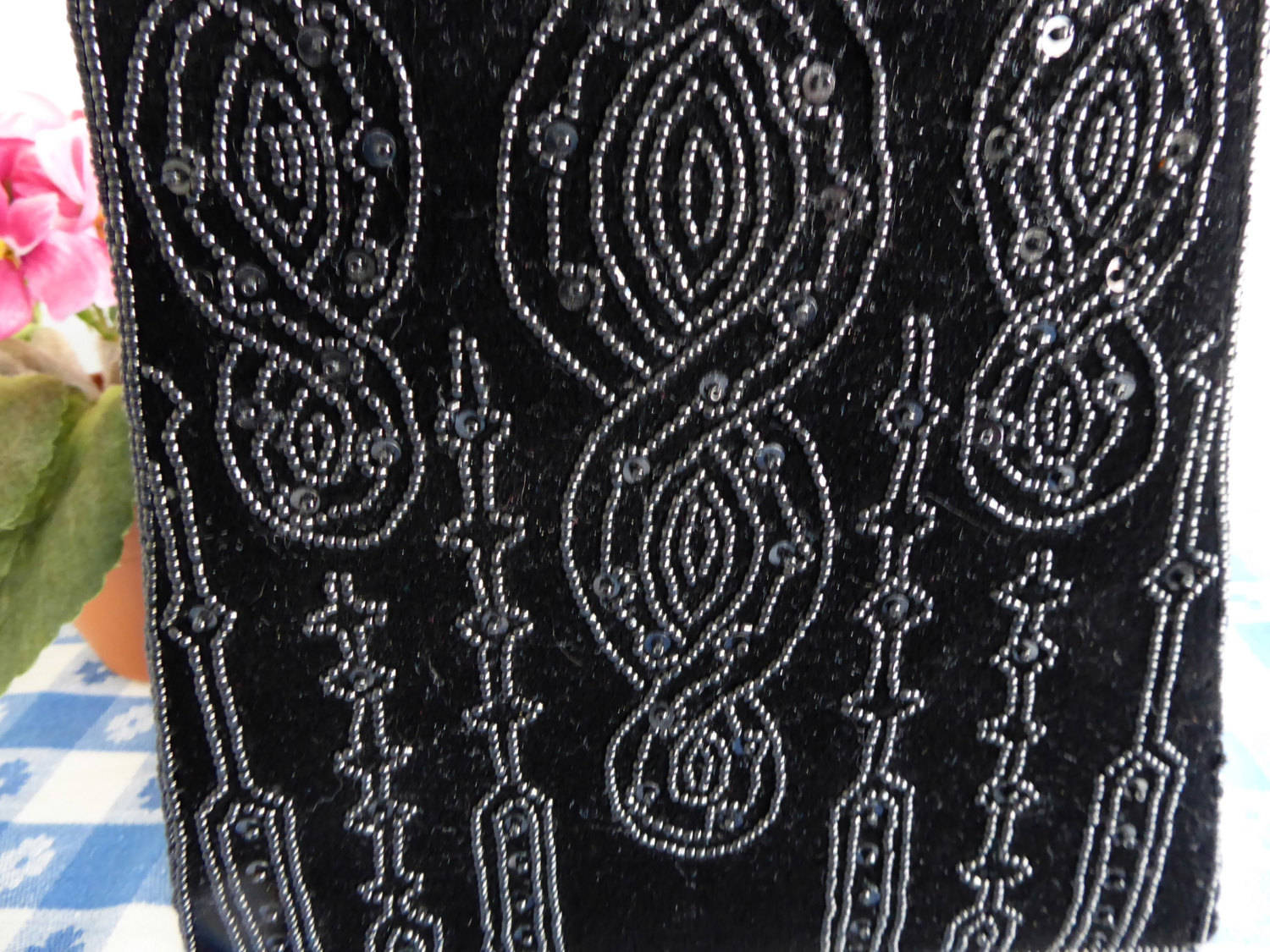 Vintage Black Velvet Beaded Handbag - 1980s Art Nouveau Style Evening Clutch for Women | Perfect for Parties, Weddings & Special Occasions