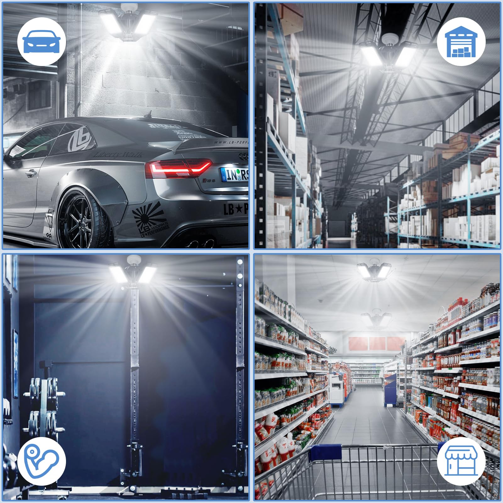 4-Pack 80W LED Garage Lights Bulb - 8000LM 6500K Daylight, 3 Adjustable Panels Shop Light for Basement, Barn, Warehouse - E26/E27 Base - Bright Ceiling Lighting for Workspaces & Storage Areas