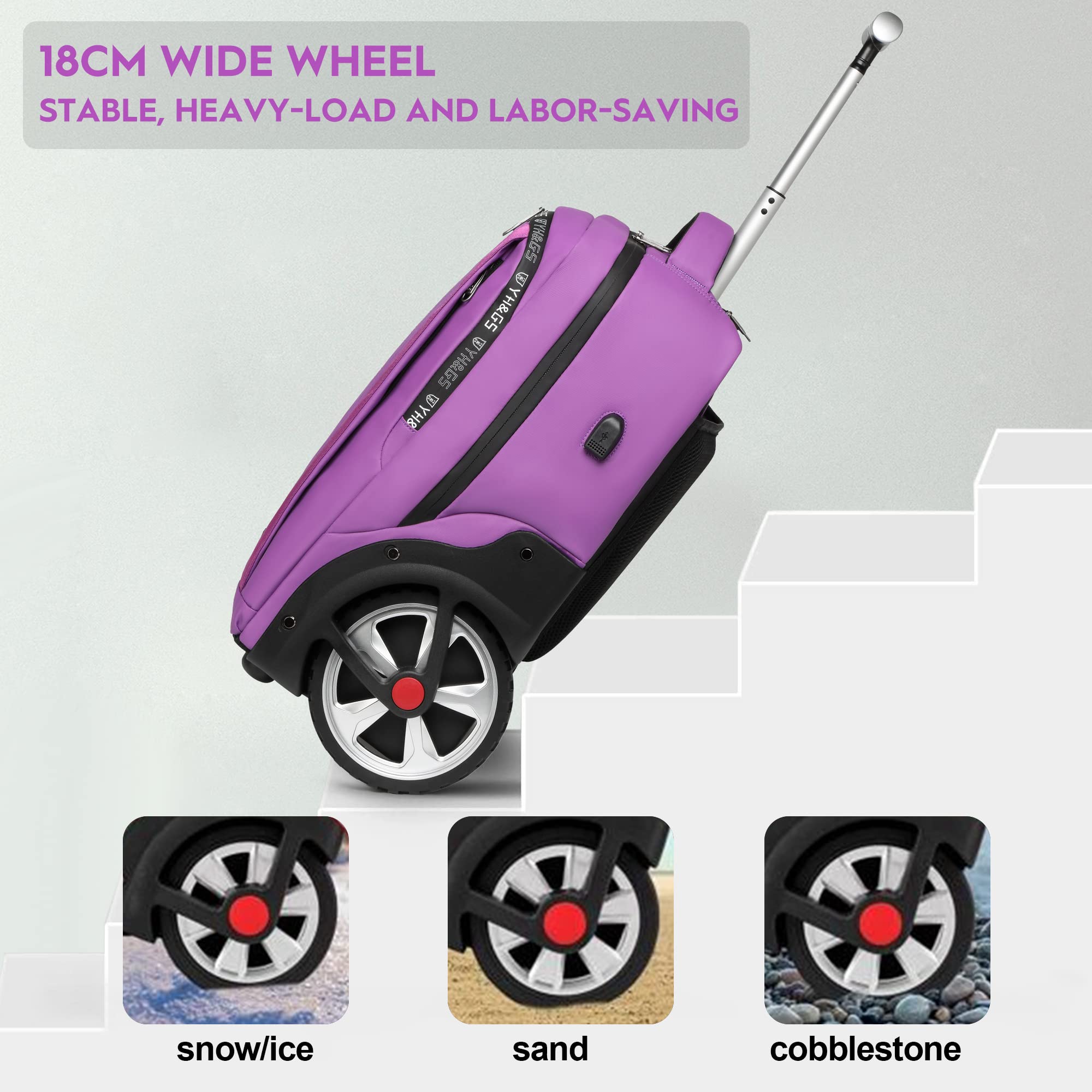 Rolling Backpack with Wheels - Travel Laptop Backpack for Women & Men, Carry-On Luggage with USB Charging Port, Fits 17.3 Inch Notebook - Perfect for Business Trips, College, Commuting & Air Travel (Purple)