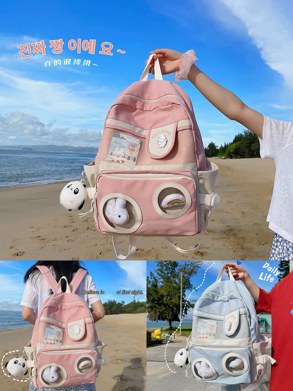 Cute Aesthetic Pastel Blue Backpack for School - Kawaii Backpack with Adorable Accessories, Perfect for Middle School, College & Daily Use