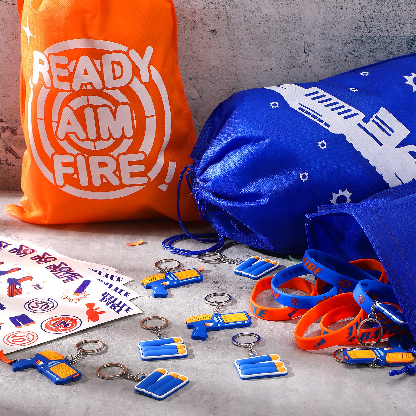 Sureio 288 Pcs Dart Battle Party Supplies Set - Includes War Party Favors, Goody Bags, Silicone Bracelets, Keychains & Temporary Tattoos - Perfect for Battle Themed Birthday Parties, Nerf Wars & Team Building Events