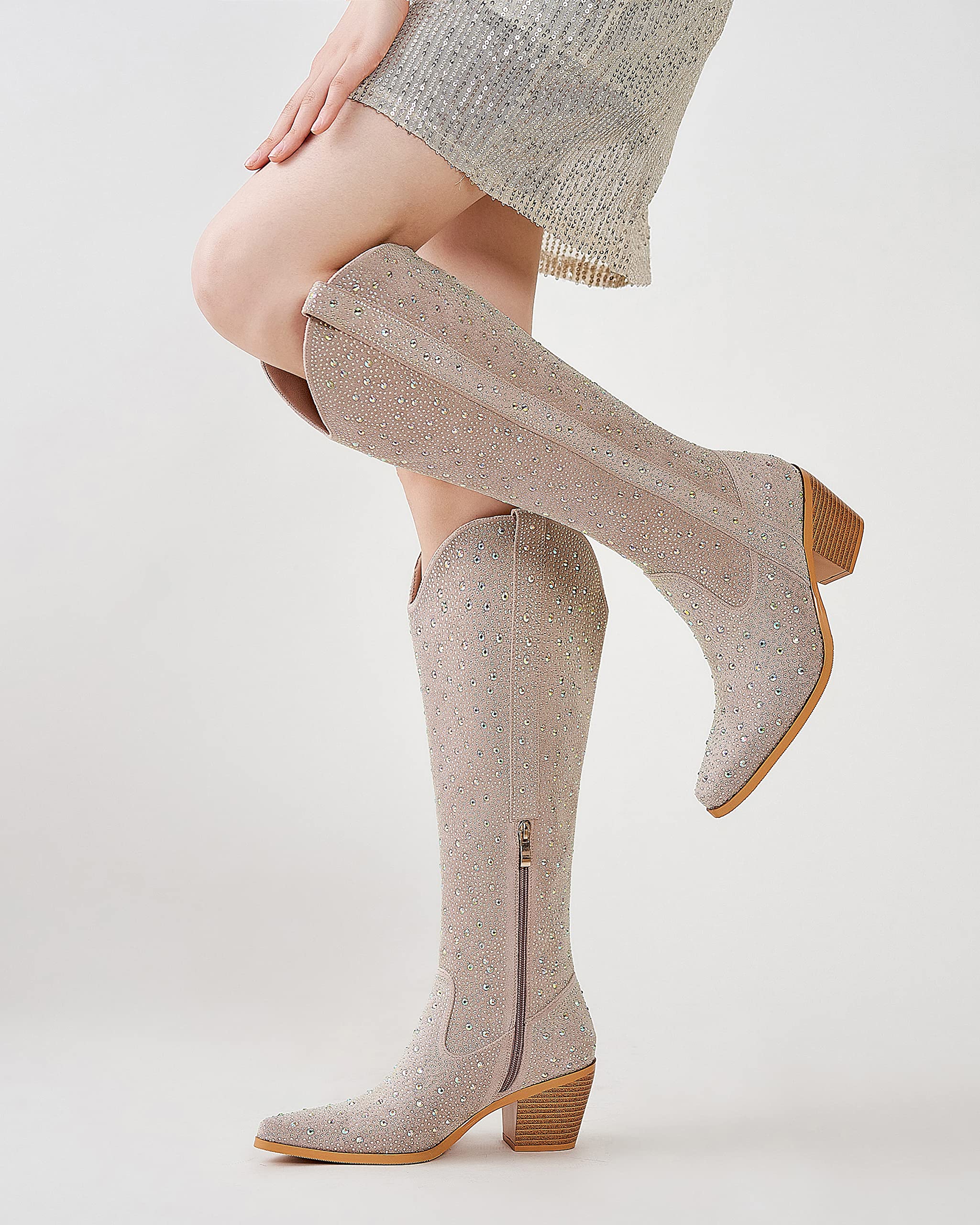 Sparkling Rhinestone Cowgirl Boots for Women - Knee High Nude Cowboy Boots with Almond Toe & Chunky Heel (Size 9.5) | Perfect for Country Concerts, Western Parties & Fashion Outfits