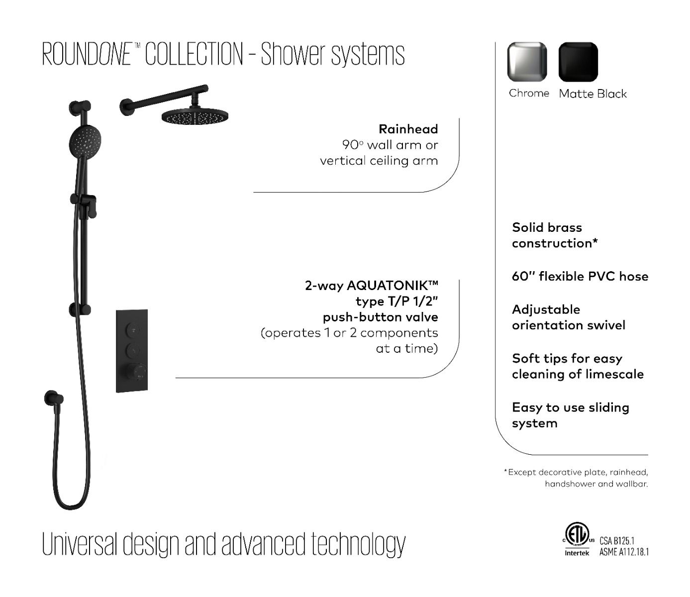 KALIA ROUNDONE TB2 Shower System with Wall Arm in Matte Black - Modern Bathroom Fixture for Luxury Spa Experience at Home
