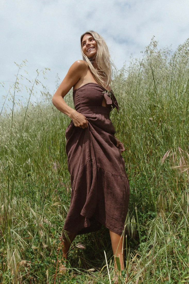 Carli Coffee Strapless Maxi Dress - Flowy Summer Beach Dress for Women, Perfect for Vacations, Weddings & Date Nights