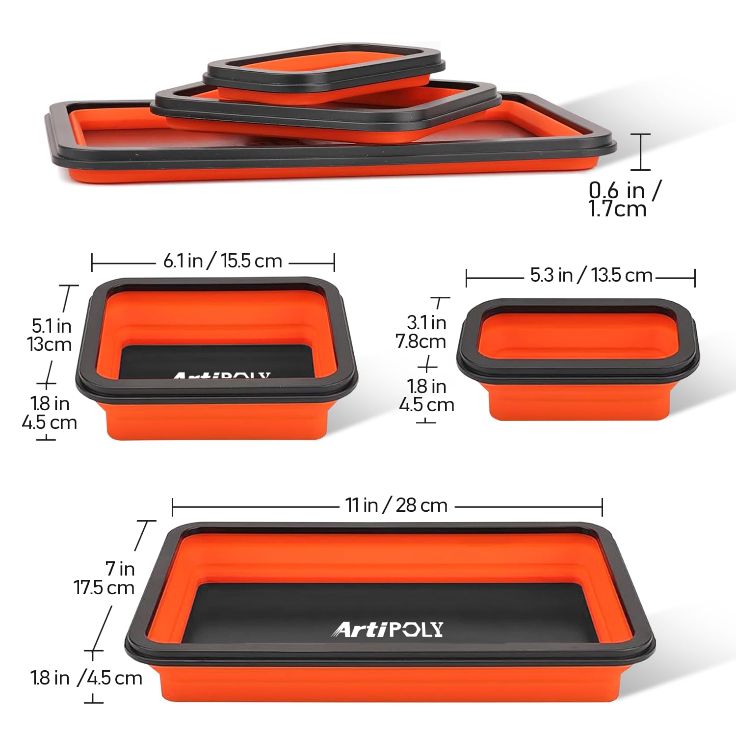 Collapsible Magnetic Parts Tray Set - 3 Sizes Foldable Silicone Tool Trays for Bolts, Screws, Nuts & Small Metal Parts | Durable Mechanic Organizer for DIY, Auto Repair & Workshop Organization | Perfect for Garage, Home Improvement & Professional Use