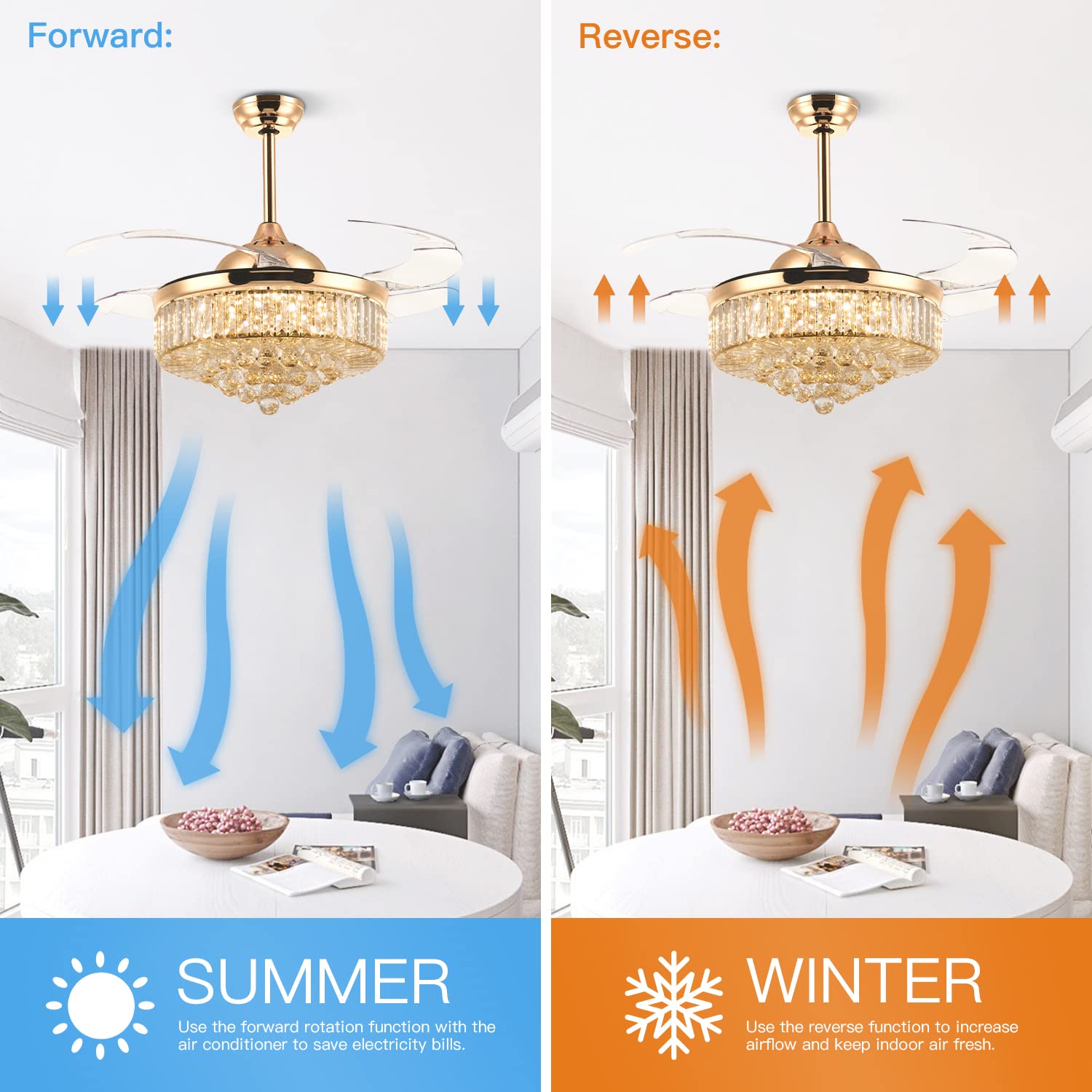 Modern Crystal Ceiling Fan with Lights & Remote - 42