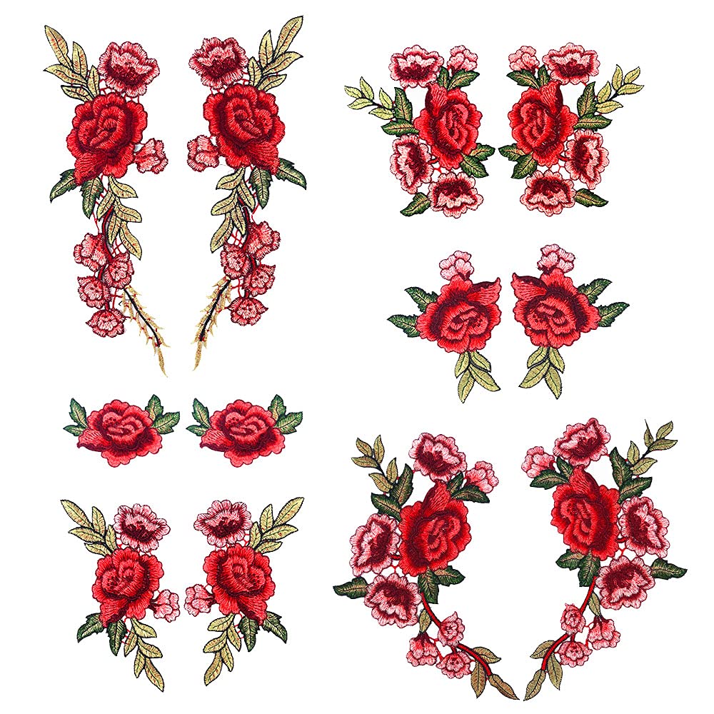 Zcketo 12-Piece Retro Embroidery Rose Patch Set - 6 Pairs Large Red Rose Appliques, Embroidered Lace Floral Sew-On Patches for DIY Clothes, Jackets, Jeans & Dresses | Vintage Style Sewing Supplies for Fashion Upcycling & Costume Design
