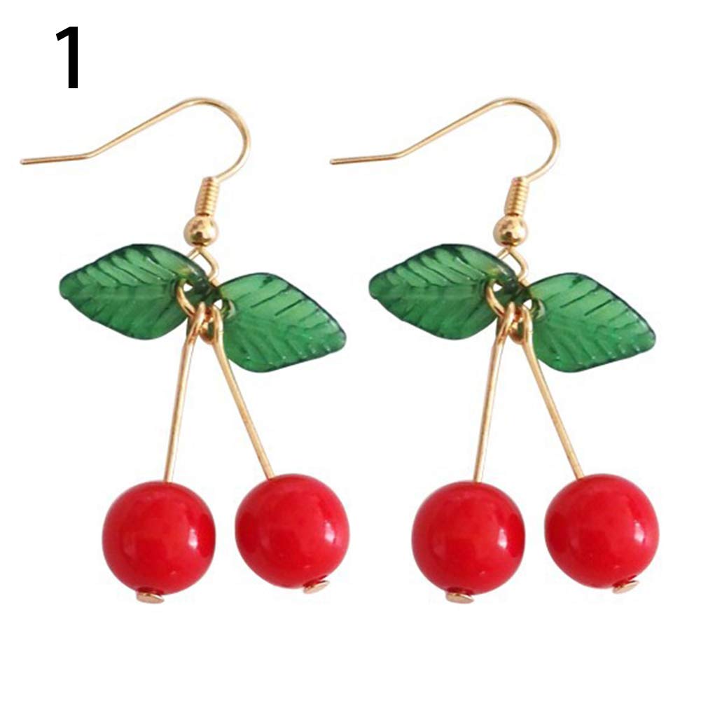 Fashion Stud Drop Dangle Earrings for Women - Sweet Fruit Green Leaf & Red Cherry Design, Hook Clip Earrings Jewelry Set | Perfect for Parties, Dating & Everyday Wear