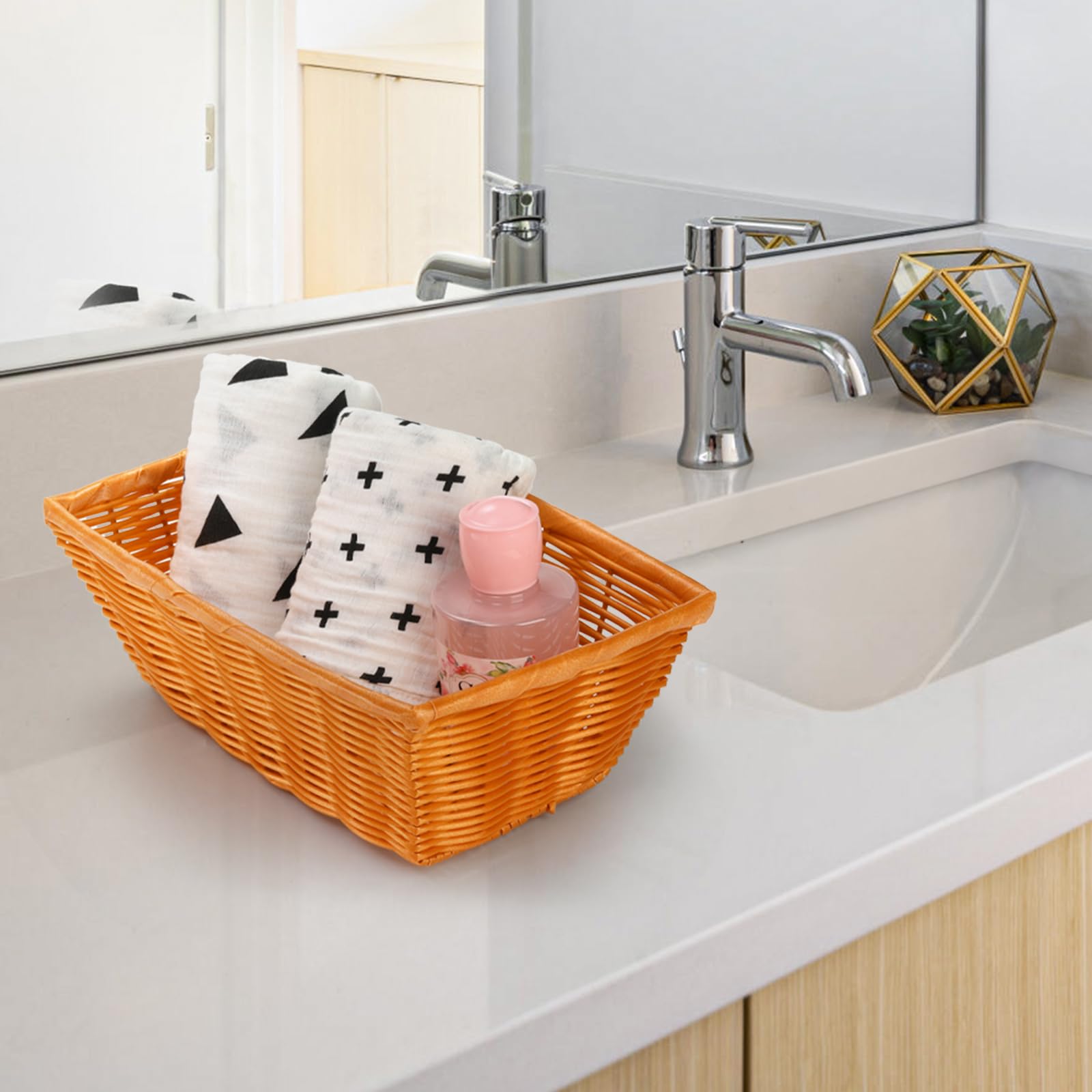 Coloch 6-Pack 12-Inch Plastic Woven Bread Baskets - Stackable Rectangle Serving Baskets for Fruits, Bread, Vegetables & Towels - Durable Imitation Rattan Design for Home, Restaurant & Outdoor Use - Perfect for Picnics, Dining Tables & Kitchen Storage
