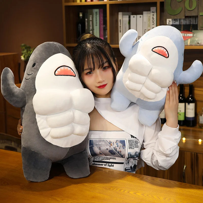 40cm Cute Workout Shark Plush Toy - Soft Stuffed Animal Pillow, Mr. Muscle Shark Doll for Kids & Girls - Perfect Gift for Bedtime, Nursery Decor, and Stress Relief