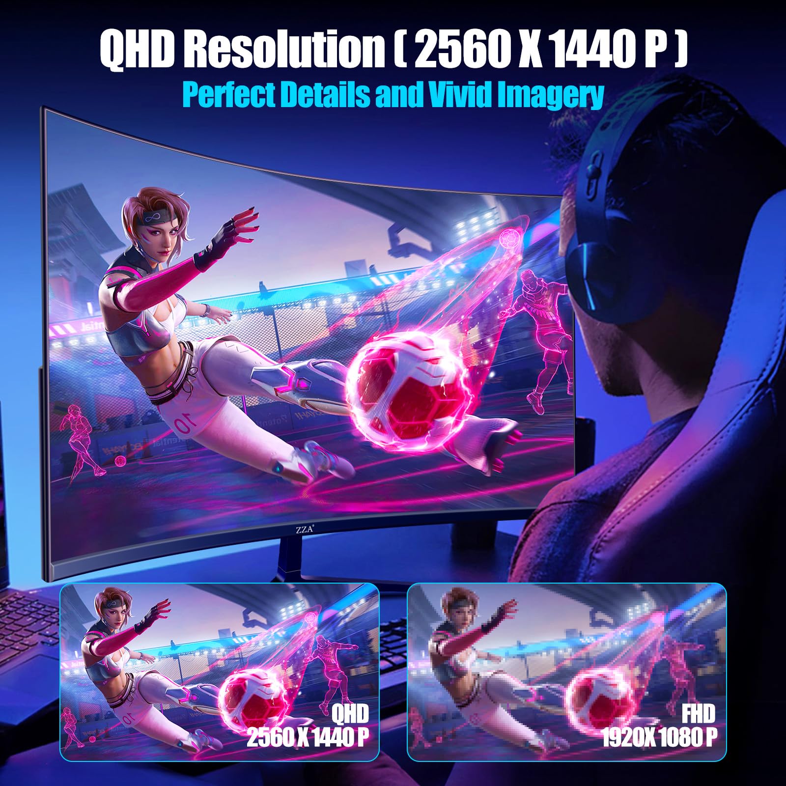 ZZA 27 Inch QHD 2560x1440 Gaming Monitor - 165Hz 1ms Fast IPS, 1800R Curved, 99% sRGB HDR, HDMI 2.0 & DP 1.4, VESA Mount, Eye Care - Perfect for Esports, PC Gaming & Home Office Workstations