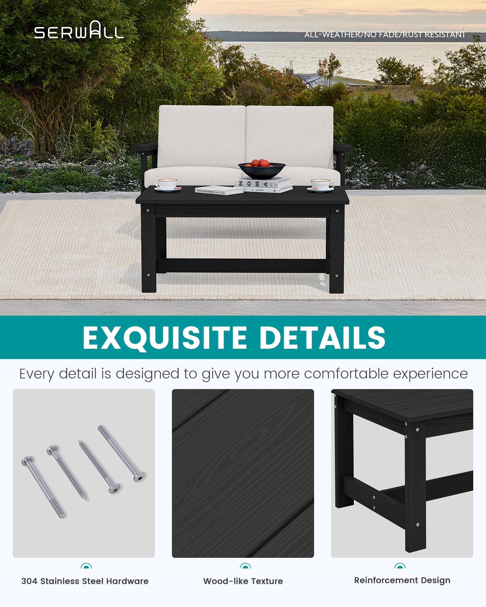 SERWALL All-Weather HDPE Outdoor Coffee Table - 37.8