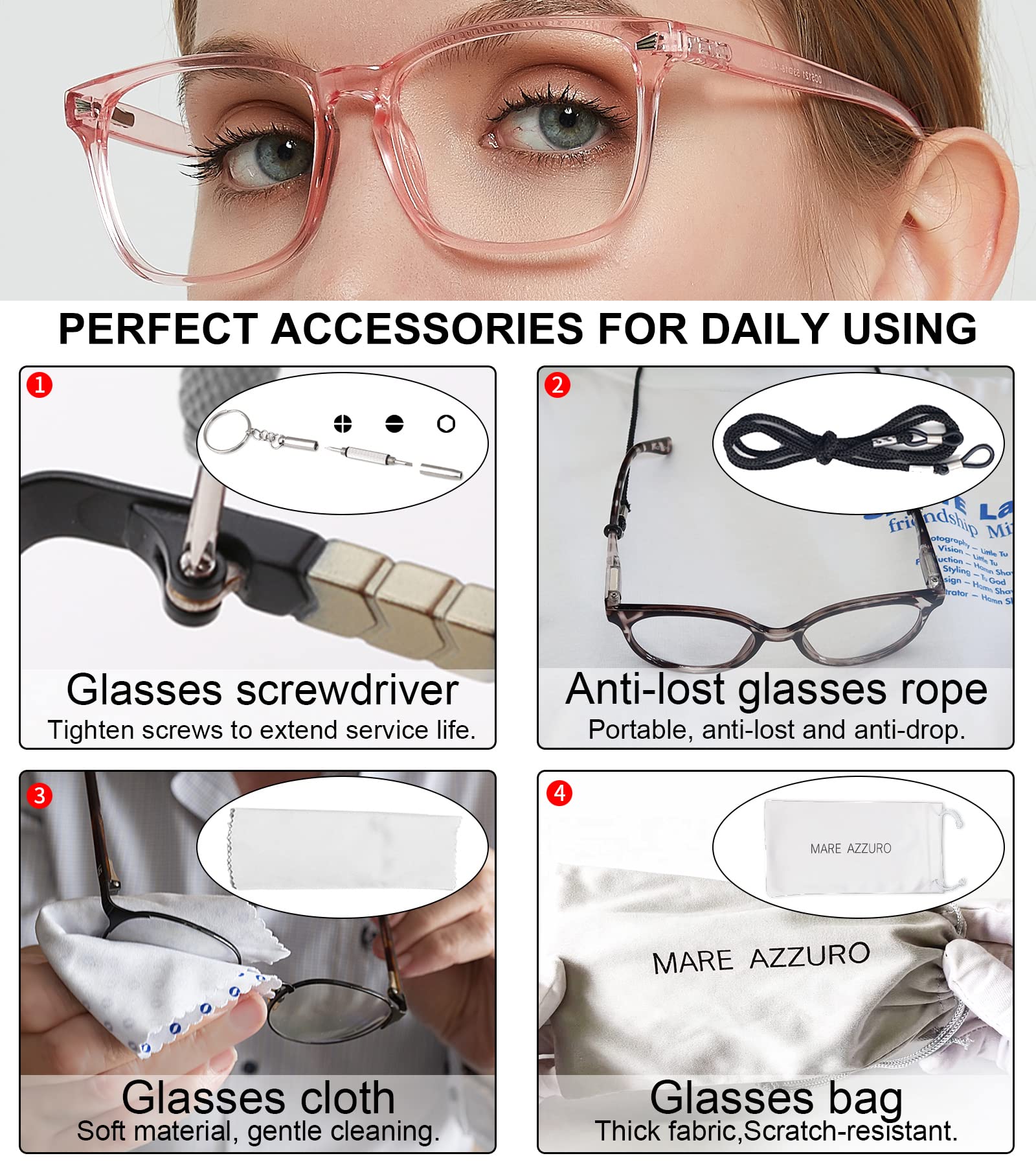 MARE AZZURO Blue Light Blocking Reading Glasses for Women - Anti Eyestrain Computer Glasses with +0.00 to +6.00 Magnification (Pink, 1.0 Strength) - Perfect for Office Work, Screen Time & Digital Device Use