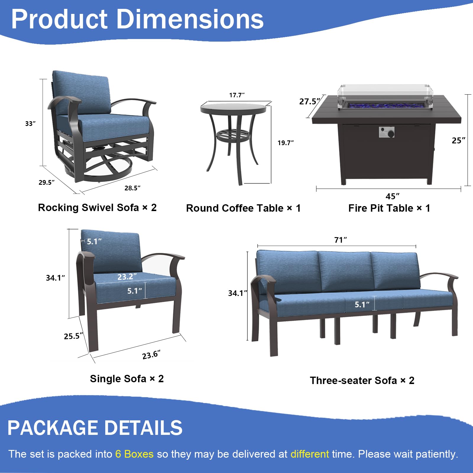 ALAULM 9-Piece Aluminum Outdoor Patio Furniture Set with Propane Fire Pit Table - Dark Blue Metal Sectional Sofa with 5.1