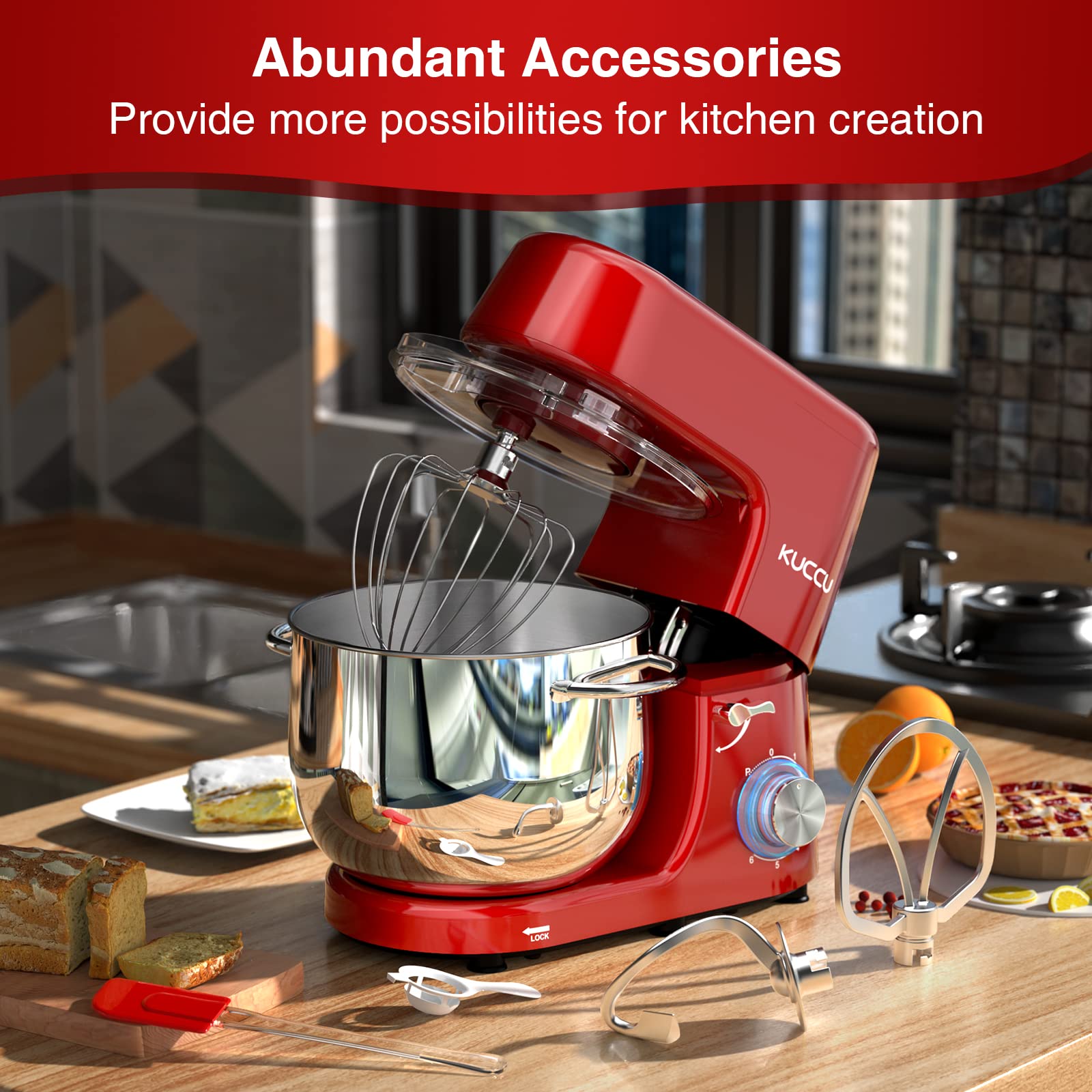 9.5 QT KUCCU Stand Mixer with 6 Speeds & Pulse Function - 660W Tilt-Head Electric Kitchen Mixer for Baking - Includes Dough Hook, Flat Beater, Whisk & Splash Guard - Dishwasher Safe - Perfect for Cakes, Cookies, Bread & Dough (Red)