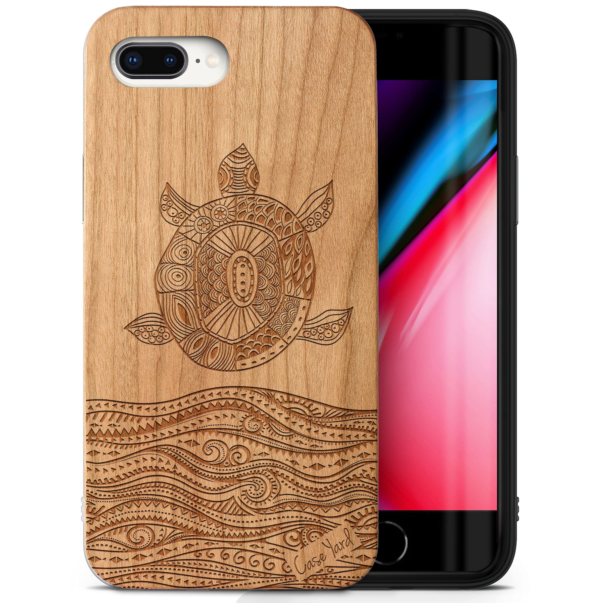 CaseYard Wood Phone Case for iPhone 8 Plus - Laser Engraved Sea Turtle Design Cherry Wood Cover | Shockproof Slim Fit Protective Case for Men & Women | Perfect for Outdoor Adventures & Daily Use