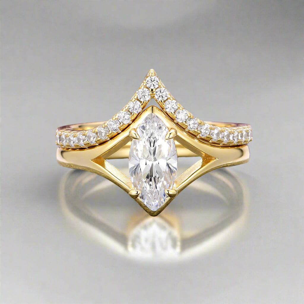 14K Yellow Gold Marquise Diamond (CZ) Ring Set for Women - Elegant Cubic Zirconia Engagement & Wedding Jewelry Gift for Her