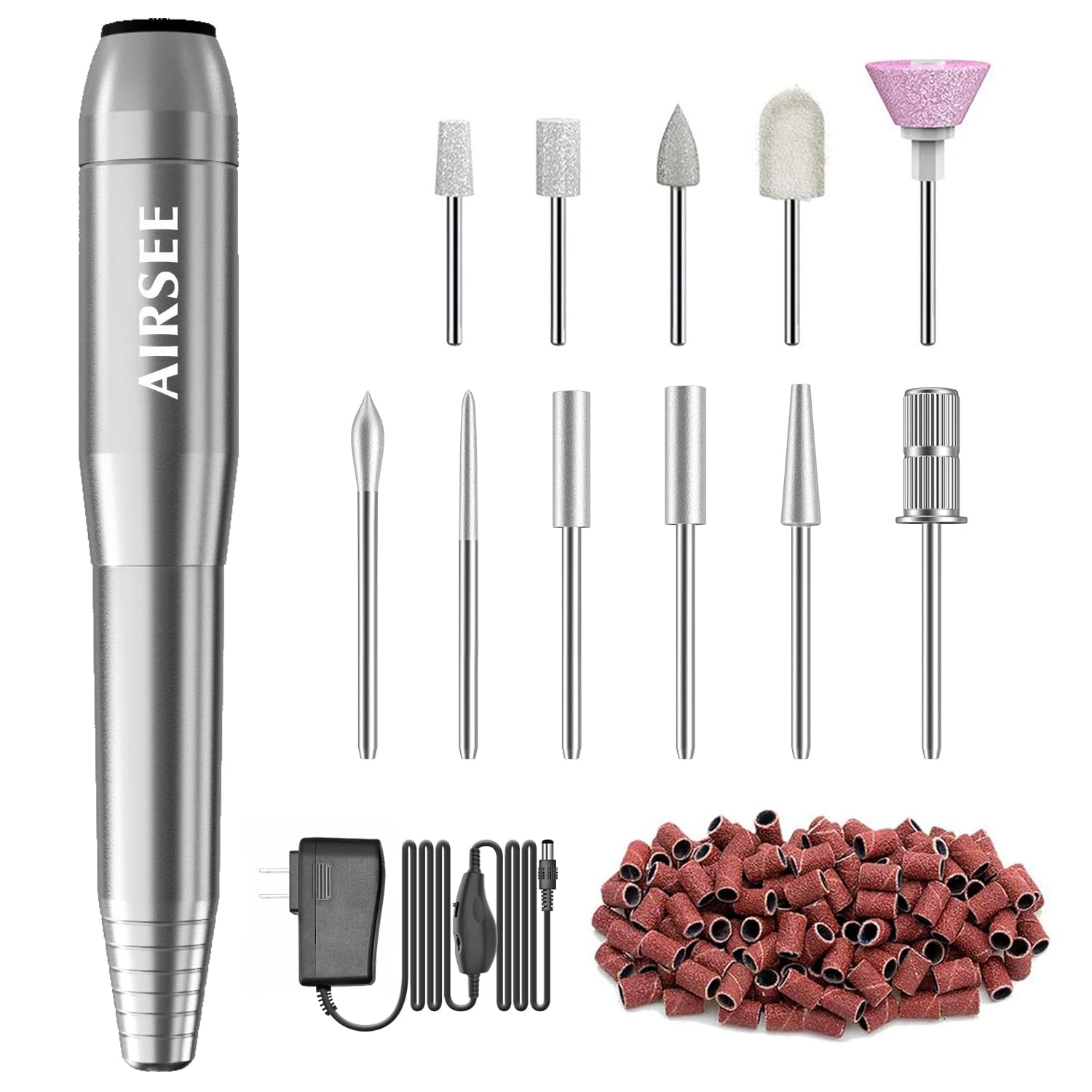 Professional AIRSEE Electric Nail Drill Machine Kit - Portable EFile for Acrylic & Gel Nails with 11 Bits & 56 Sanding Bands - Manicure Pedicure Polishing & Shaping Tool for Beginners - Home & Salon Use (Silver N24) | Perfect for DIY Nail Art, Salon Professionals & At-Home Grooming