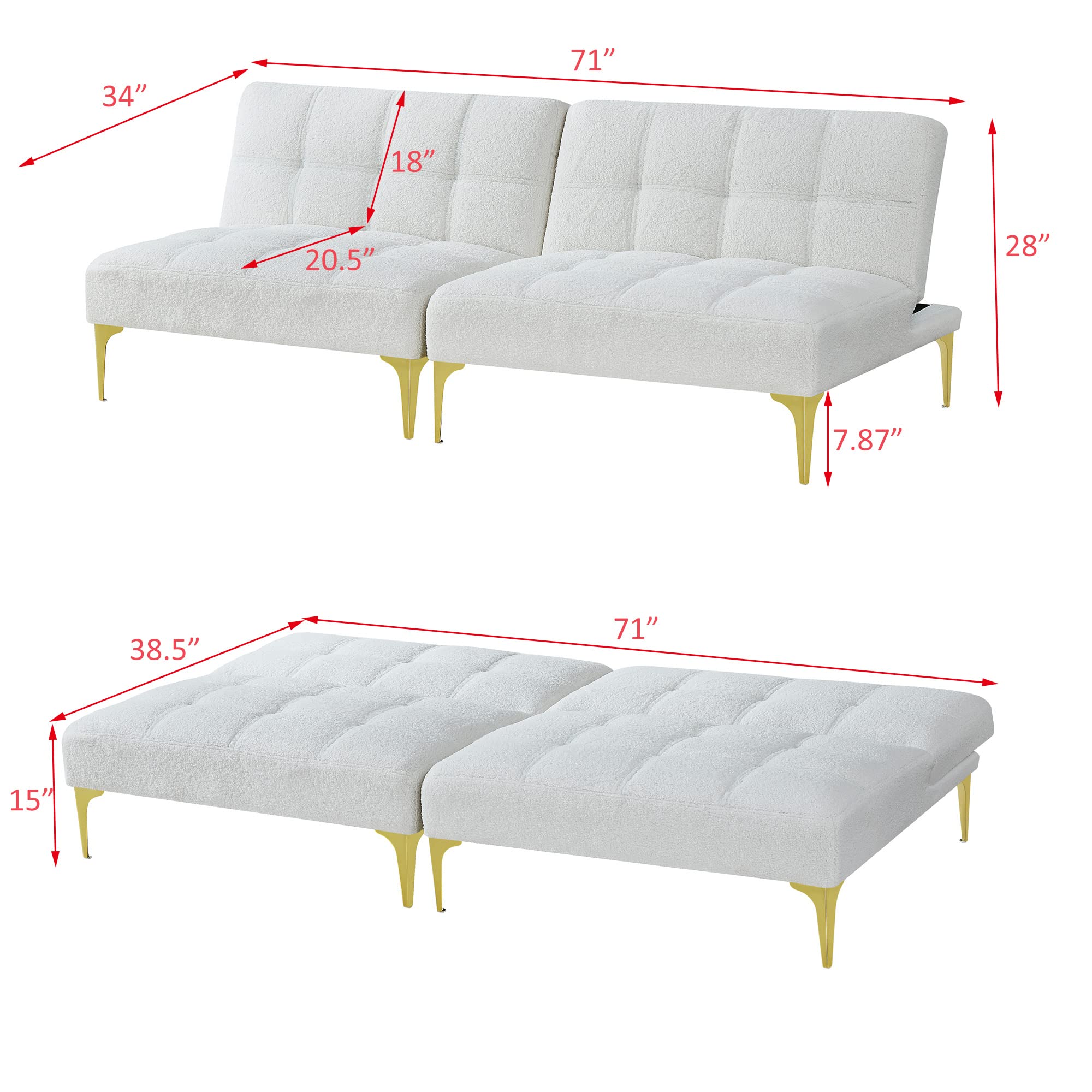 2-Piece Convertible Futon Sofa Bed - Sleeper Couch, Daybed & Loveseat with Gold Metal Legs | Folding Recliner Armless Sofa in Soft Teddy Fabric | Space-Saving Furniture for Small Apartments, Living Rooms & Offices | Perfect for Guest Beds, Lounging & Compact Spaces
