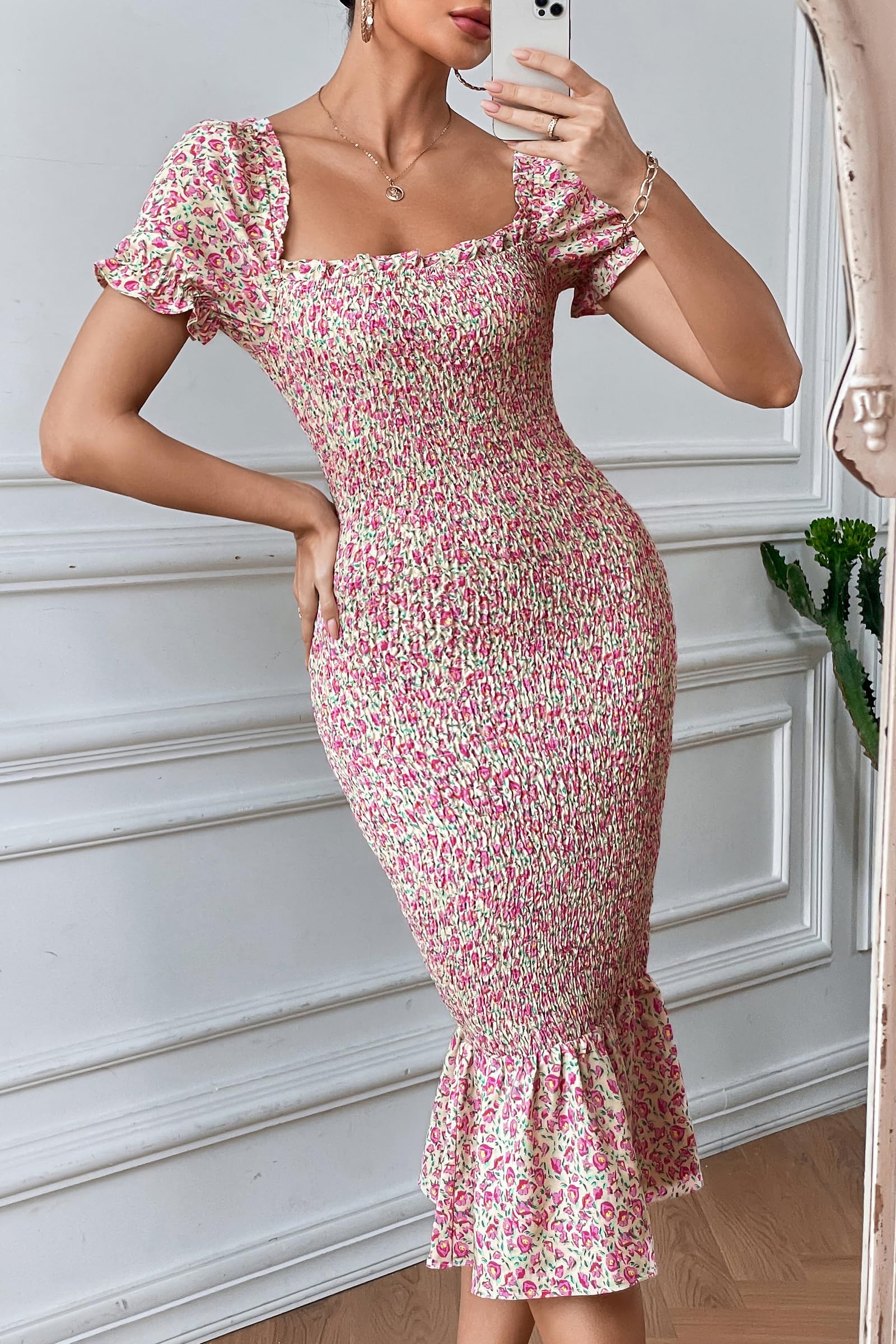 PRETTYGARDEN Floral Bodycon Midi Dress 2025 - Puff Sleeve Mermaid Cocktail Dress for Women | Perfect for Baby Shower, Maternity Photoshoot & Summer Parties
