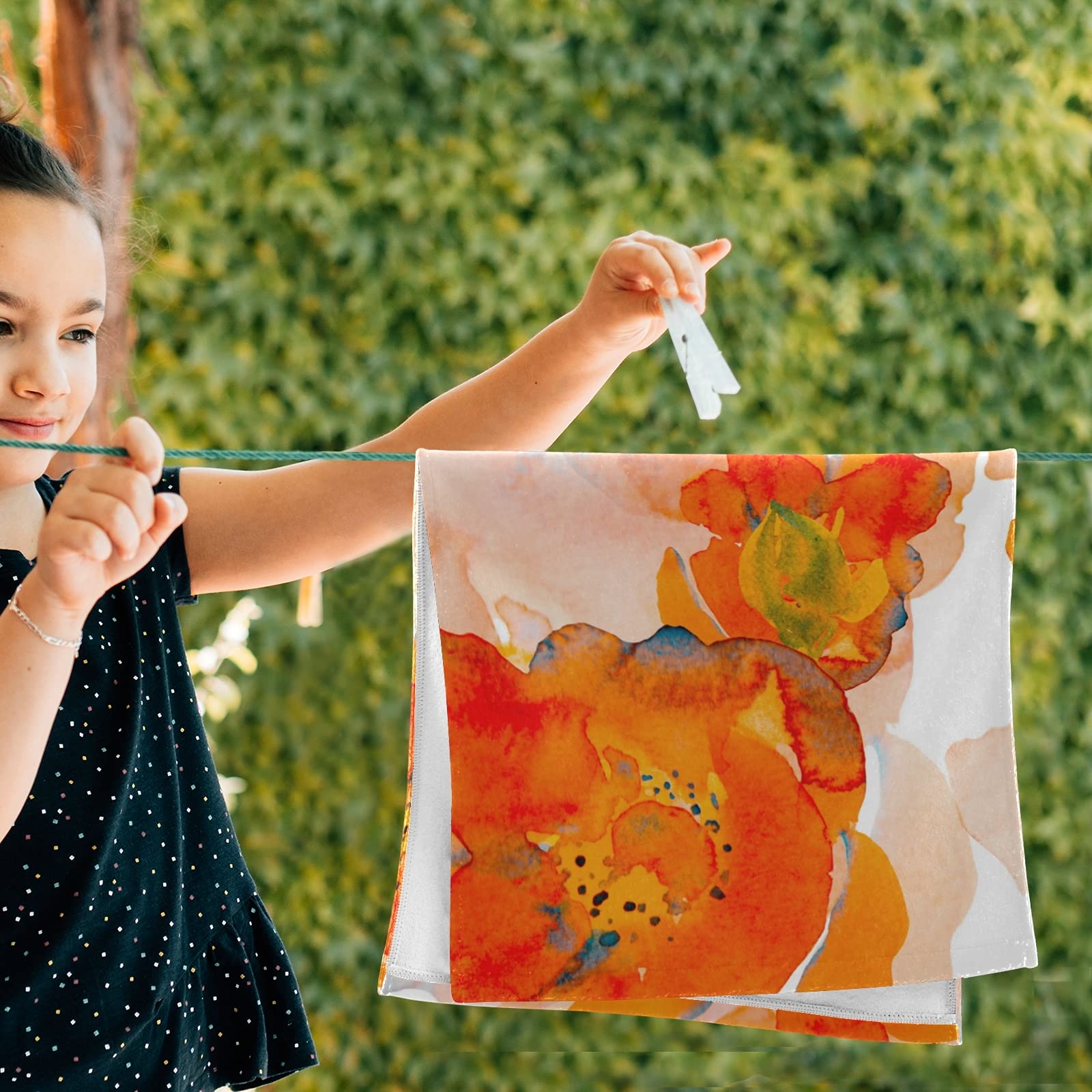 ALAZA Corn Poppy Orange Flower Hand Towel Set - 2 Pack Absorbent Soft Bath & Kitchen Towels for Bathroom, Dish Drying, Guest Use | Quick-Drying Washcloths for Hotel, Gym, Spa & Home Decor (Orange Floral Design)