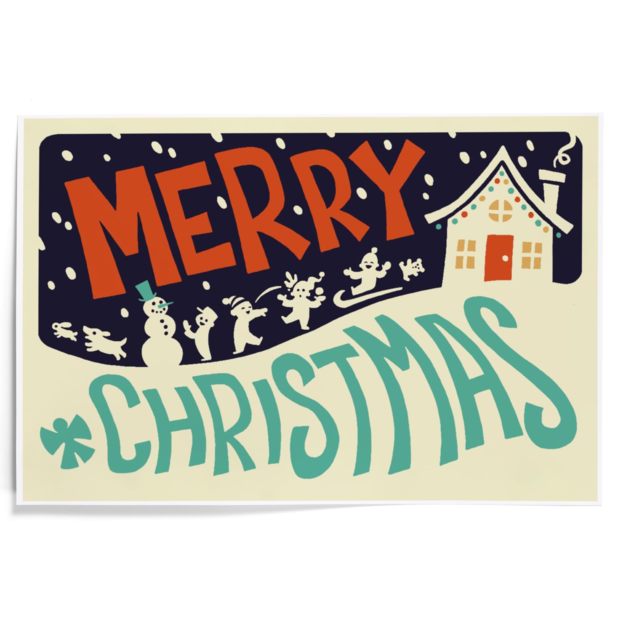 Lantern Press 12x18 Inch Merry Christmas House Retro Art Print - Vintage Holiday Wall Decor for Living Room, Bedroom & Office