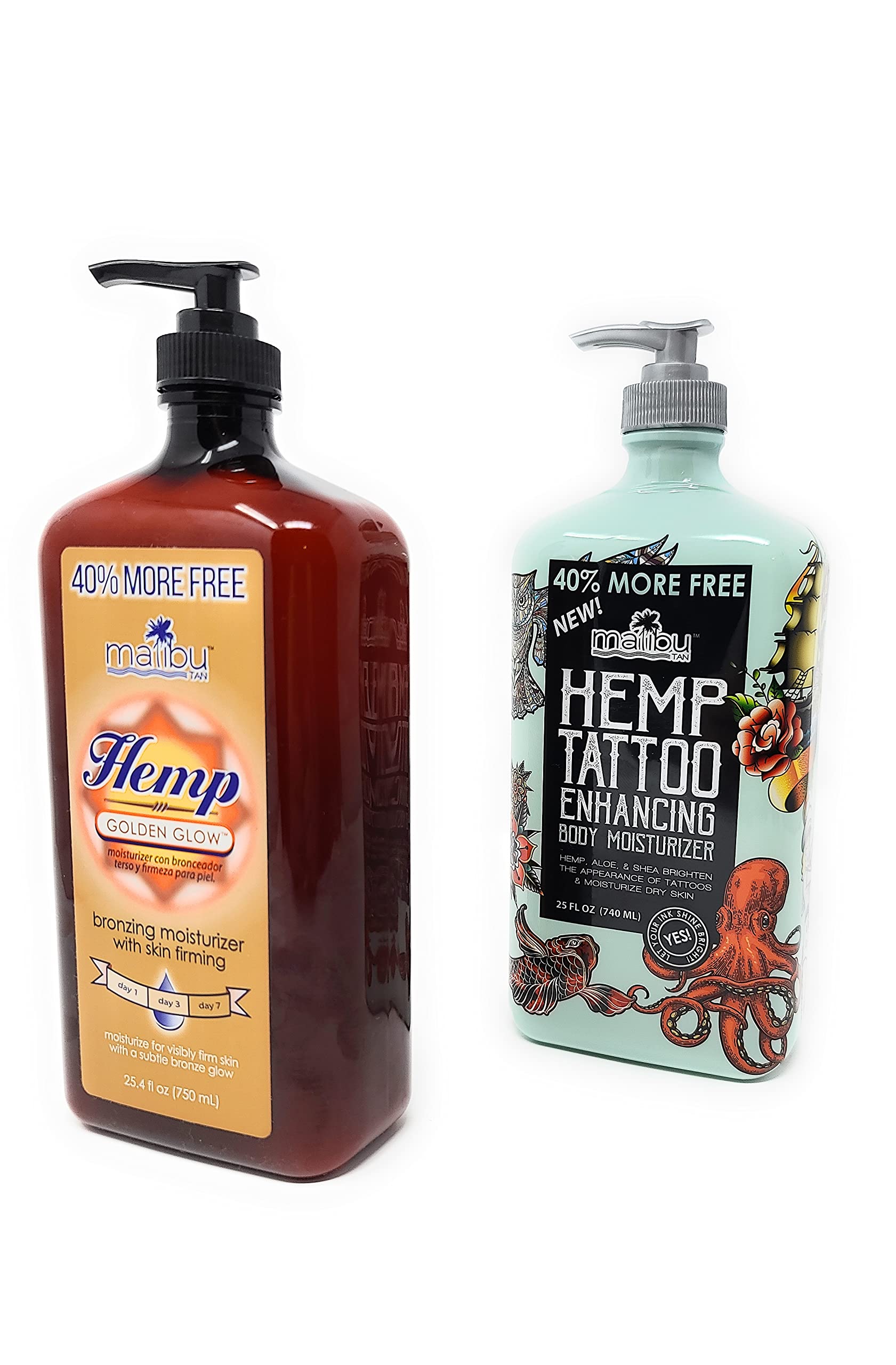 Malibu Hemp Tattoo Enhancing Body Moisturizer 25oz & Golden Glow Lotion 25.4oz Bundle - 40% Extra Free - Hydrating Skincare for Tattoo Care & Sun-Kissed Glow - Perfect for Post-Tattoo Healing & Summer Skin Radiance