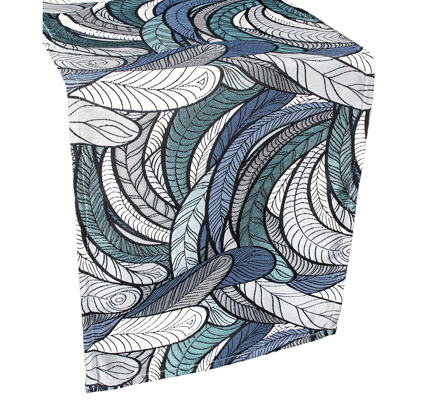 Elegant Chenille Gray and Teal Blue Feather Table Runner - 16.5x53.5 Inch Dresser Scarf, Coffee Table Decor for Dining Room, Bedroom & Holiday Parties