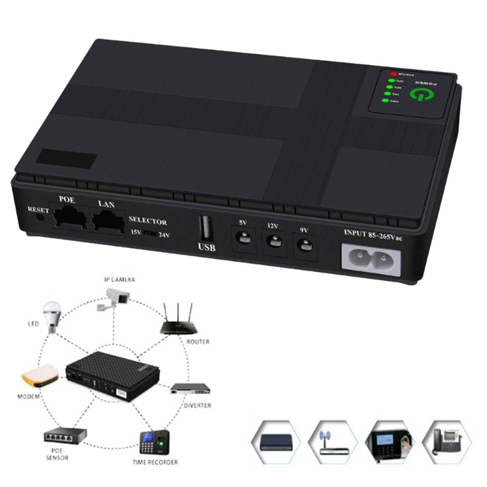 Portable UPS Power Supply with Dual Output Ports - Uninterruptible Backup Battery for Internet Routers, Security Cameras & Home Office Devices | Compact & Easy to Carry Emergency Power Solution