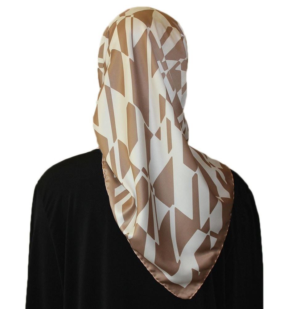 Aker Satin Square Hijab Scarf 6749 932 Beige/White - Soft Muslim Headscarf for Women, Breathable Fashion Hijab for Daily Wear, Prayer, Work & Special Occasions