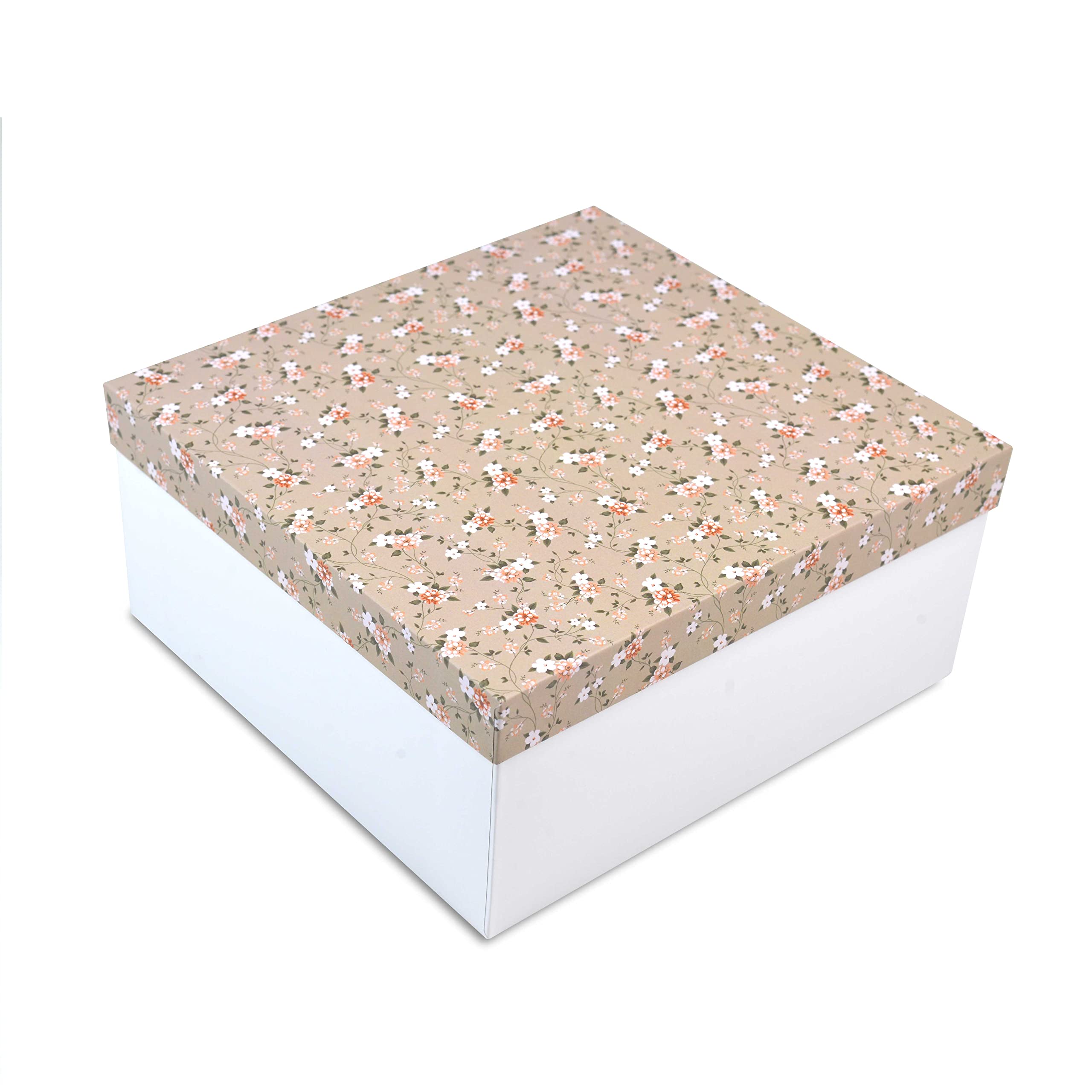 Premium Rigid Gift Box 23x22x10cm - Sturdy Cardboard Mini Gift Packaging Box Holds Up to 3kg (1 Pack, Light Brown Floral) - Perfect for Wedding Favors, Birthday Presents, Corporate Gifts & Holiday Hampers