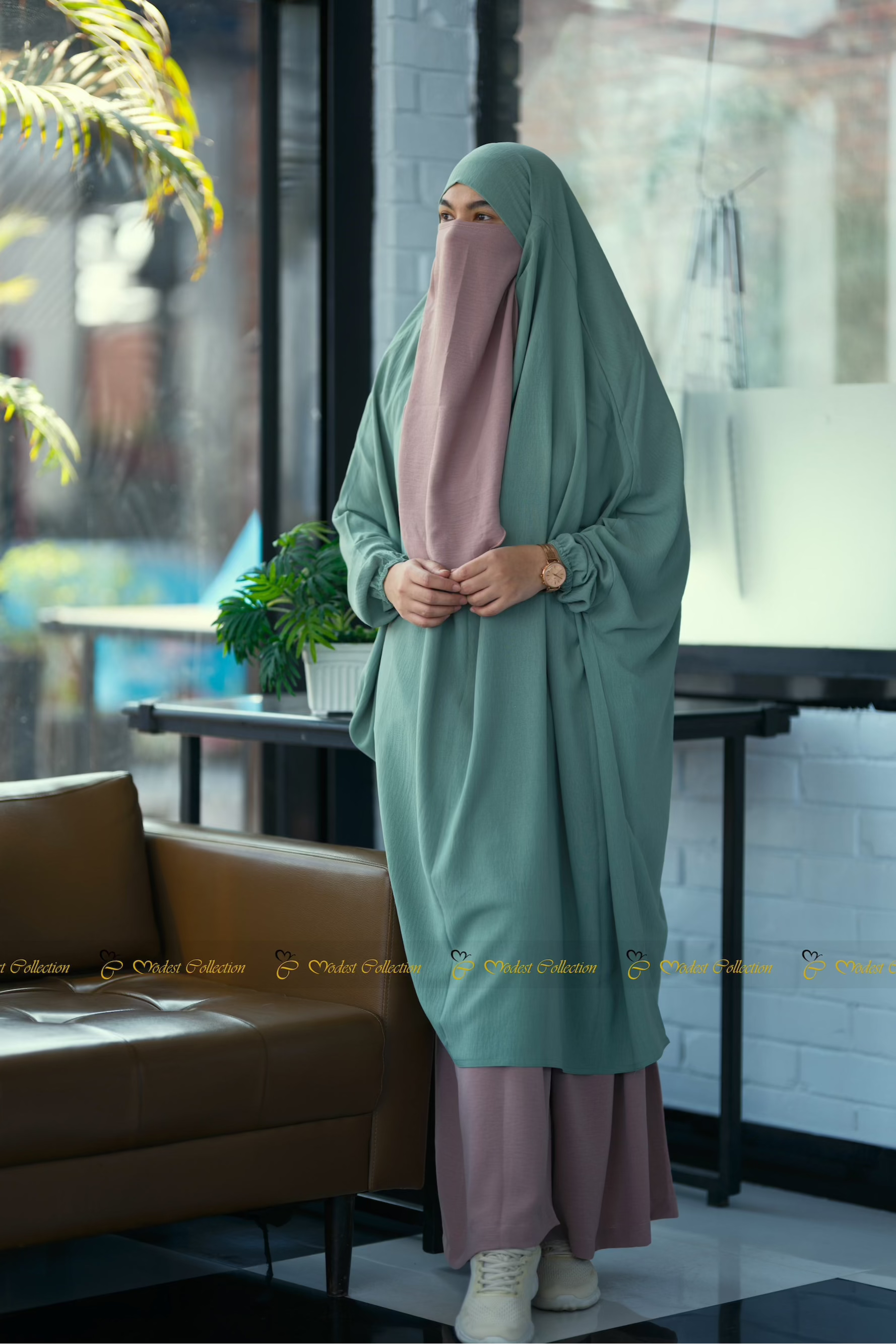 French Cut No Niqab Unjila Jilbab - Modest Islamic Abaya in Pistachio Green | Perfect for Prayer, Mosque & Everyday Wear