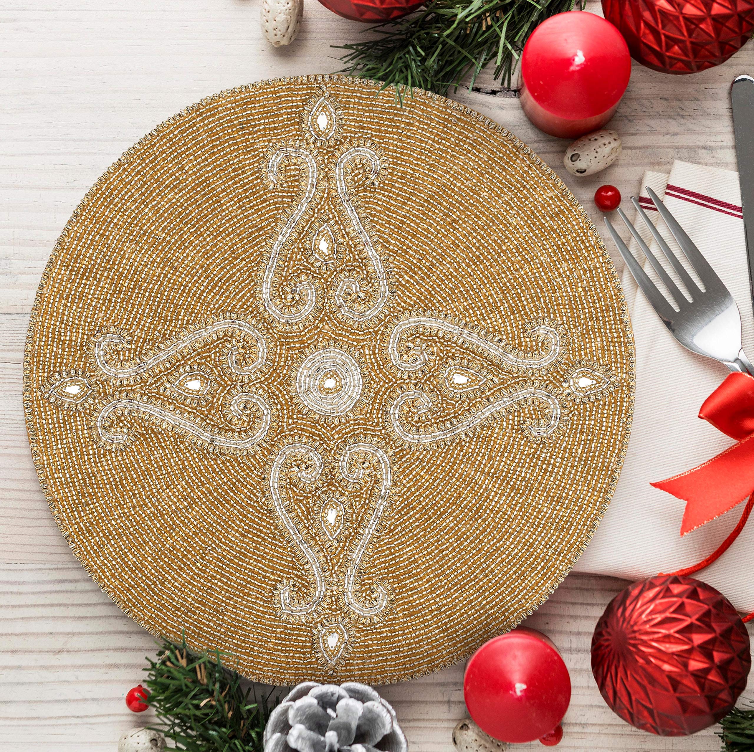 13 Inch Round Beaded Paisley Placemats Set - Gold Decorative Table Mats for Dining, Holiday & Christmas Decor - Elegant Charger Plates for Special Occasions & Dinner Parties