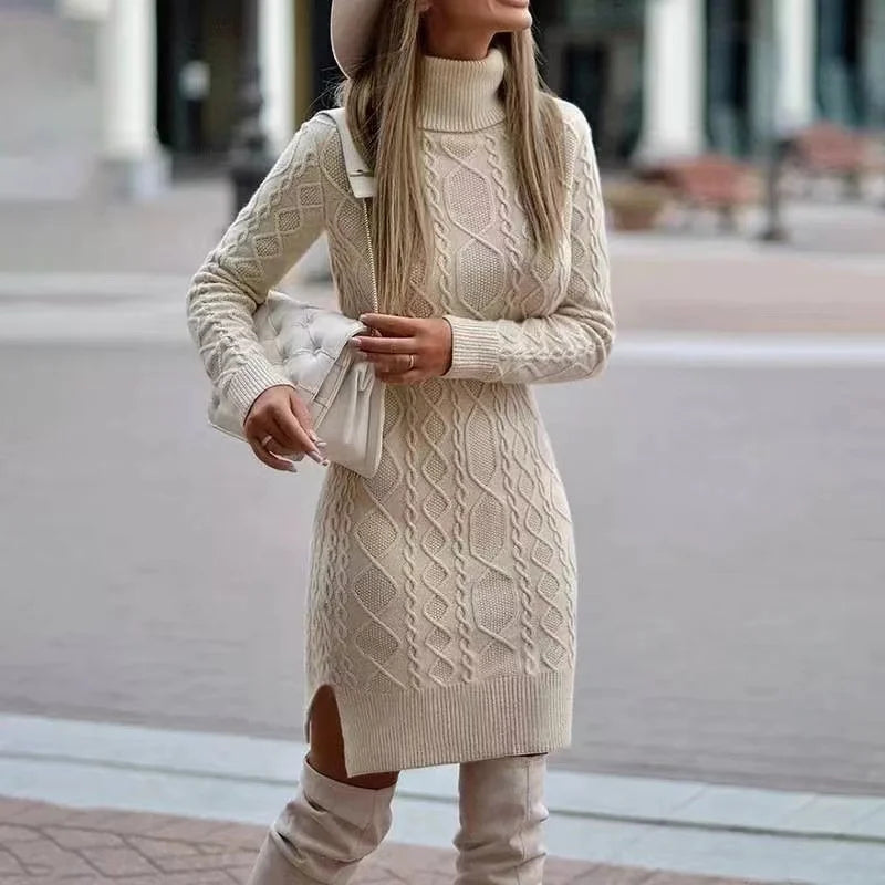 Women's Knitted Wrap Skirt Dress - High Neck Long Sleeve Winter Sweater Dress, Warm & Thickened for Autumn Winter Season | Perfect for Office, Party & Casual Outfits