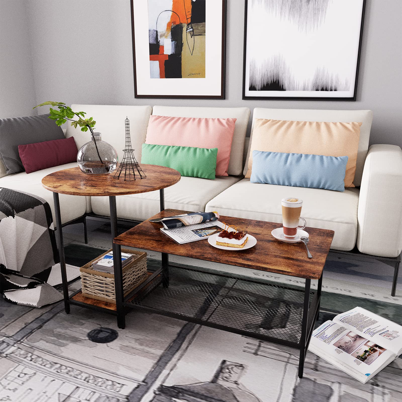 Modern Rustic Brown Coffee Table Set - 2-Tier Round & Rectangular Side Tables with Metal Frame for Living Room, Bedroom, Balcony | Space-Saving Storage Solution for Small Apartments & Cozy Homes