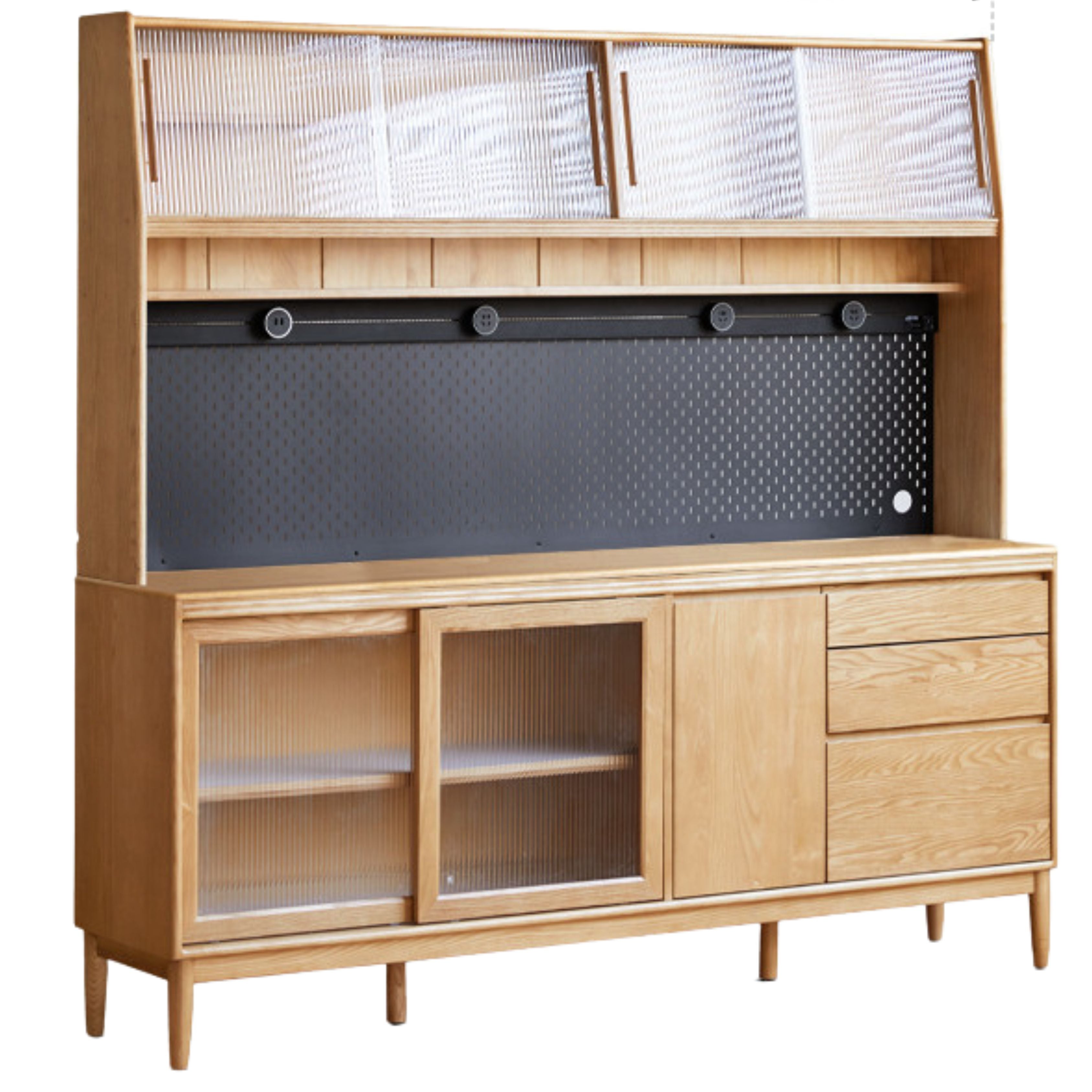 82.7x17.3x78.7 inch / 210x44.6x200.8 cm/Natural Wood Color /Ash solid wood sideboard + upper shelf + bull rail with waterproof drawer bottom mat + seven-piece perforated board set