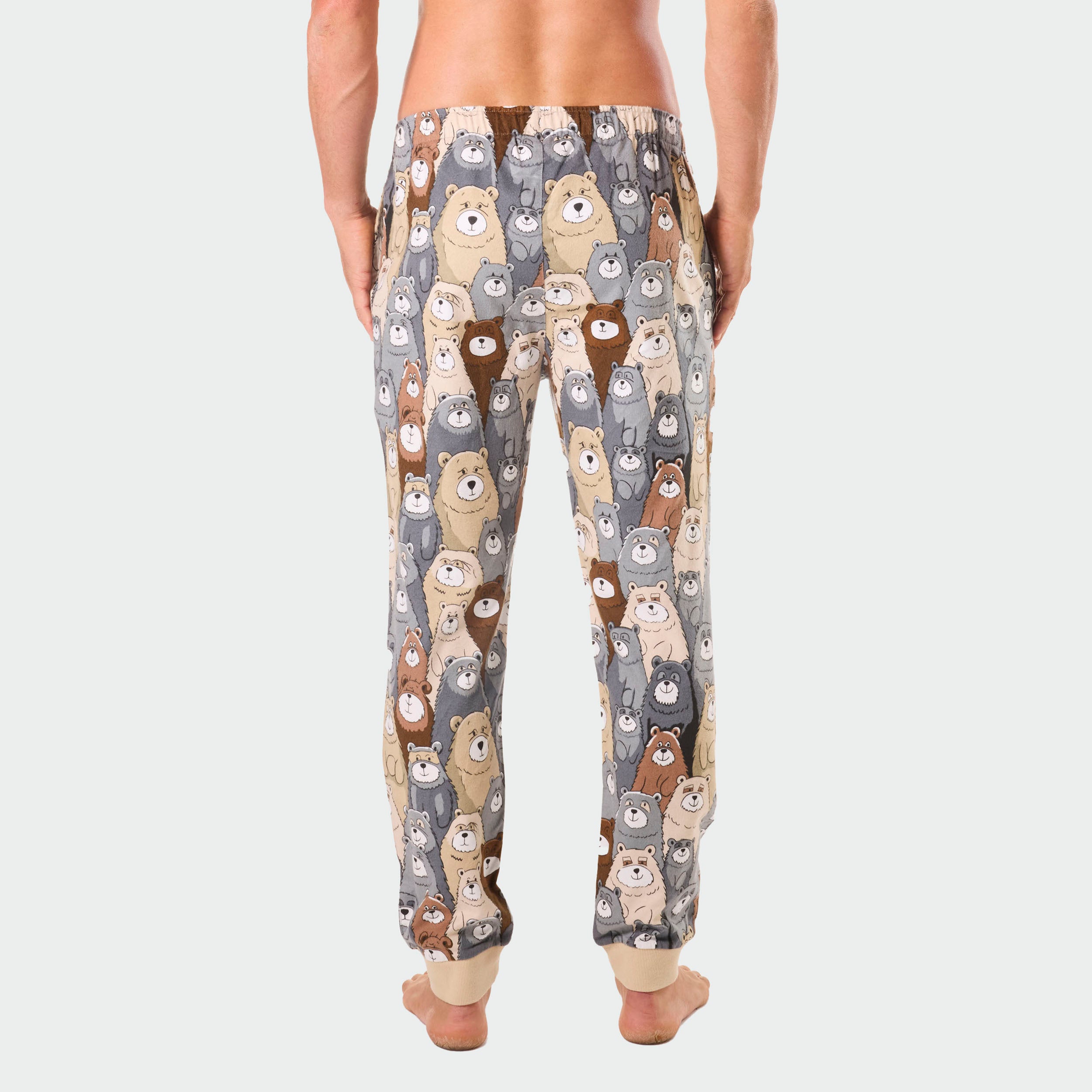 Men's Funny Bear Print Bamboo Flannel Slim-Fit Sleep Pants - Beige | Soft & Breathable Lounge Pajamas for Relaxing at Home
