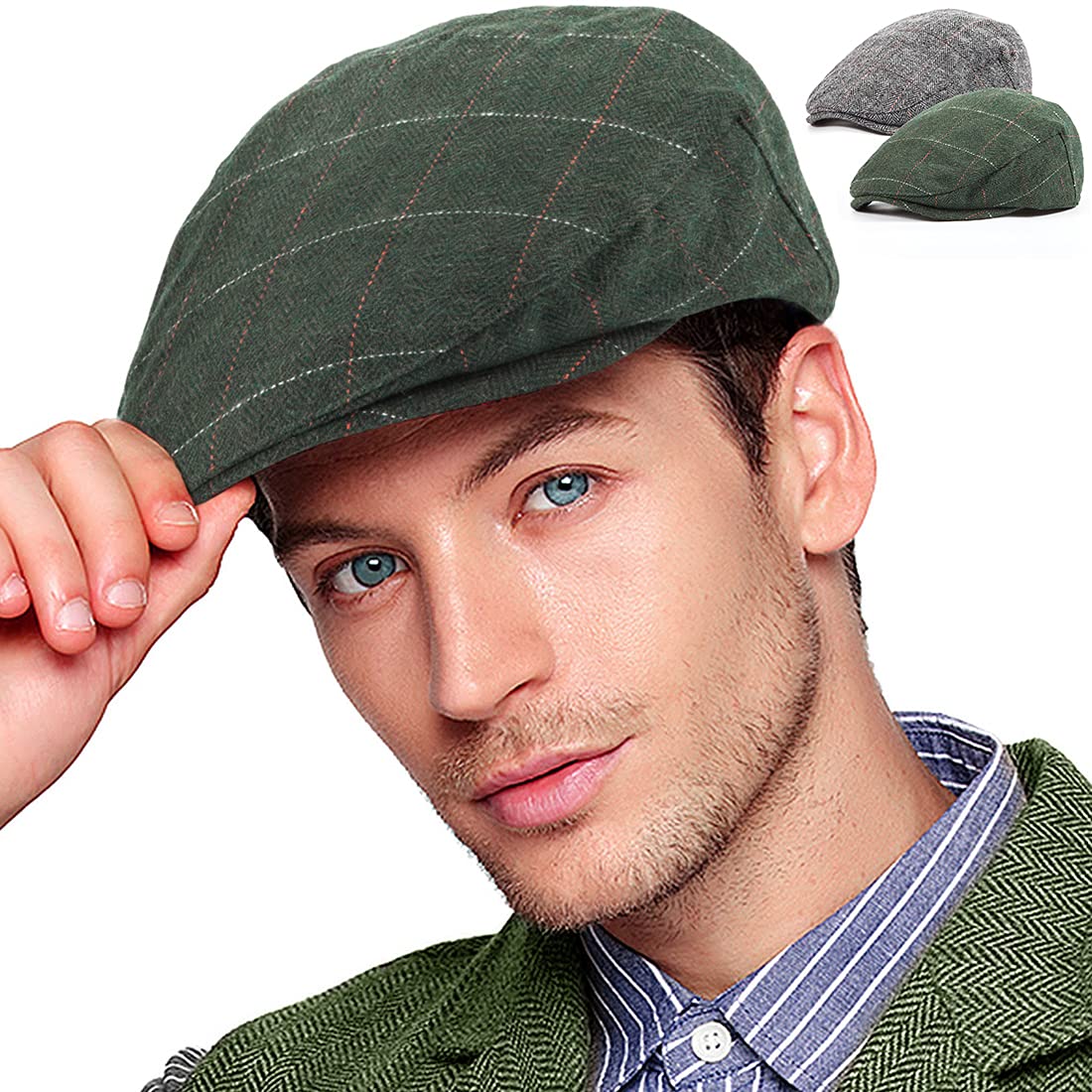 2 Pack Adjustable Newsboy Hats for Men - Wool Blend Tweed Flat Cap | Vintage Irish Cabbie Style | Perfect for Outdoor Activities, Casual Wear & Costume Parties