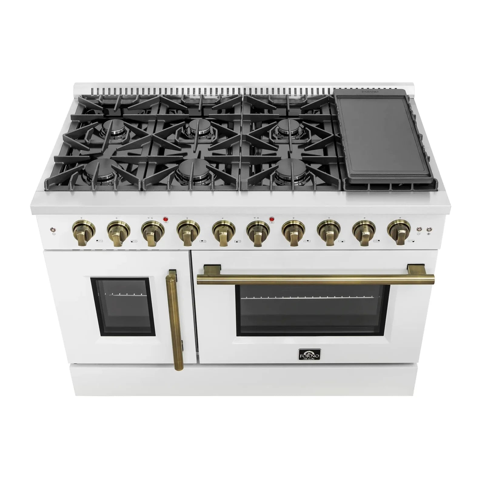 Forno Galiano 48-Inch Freestanding All Gas Range with French Doors - White with Antique Brass Trim (Model FFSGS6444 48WHT) - Perfect for Modern Kitchens & Professional Chefs