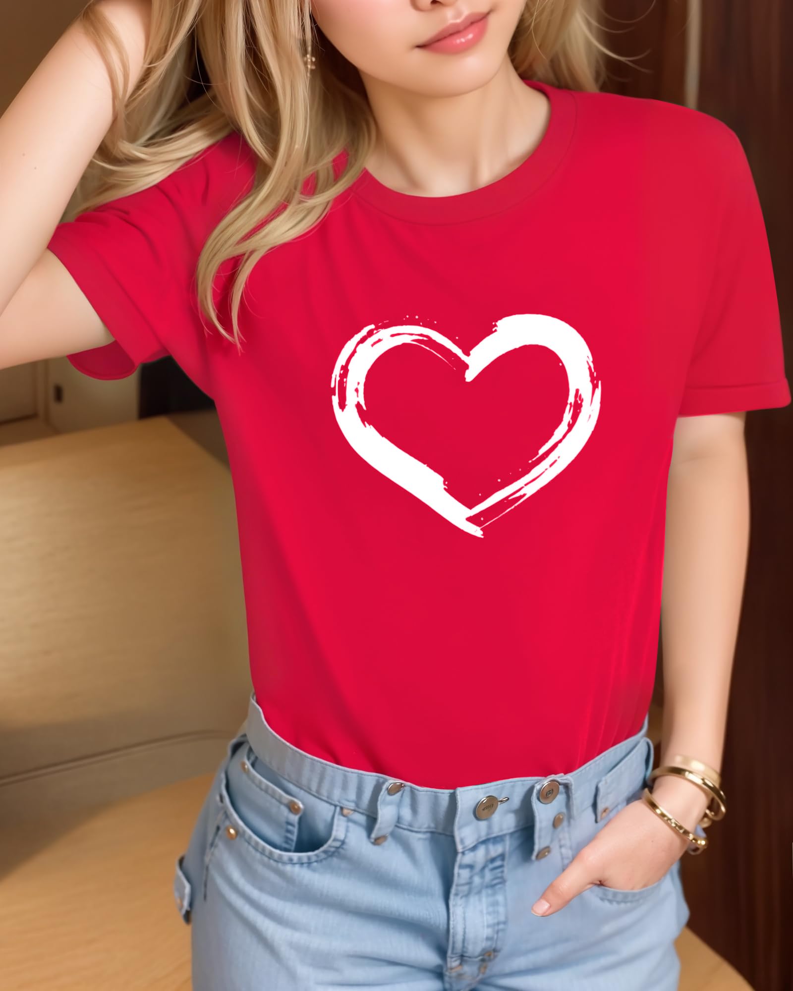 HERLOLLYCHIPS Women's Cute Heart Graphic Crewneck Short Sleeve T-Shirt - Regular Fit Casual Top for Summer Outfits, Date Nights & Weekend Wear