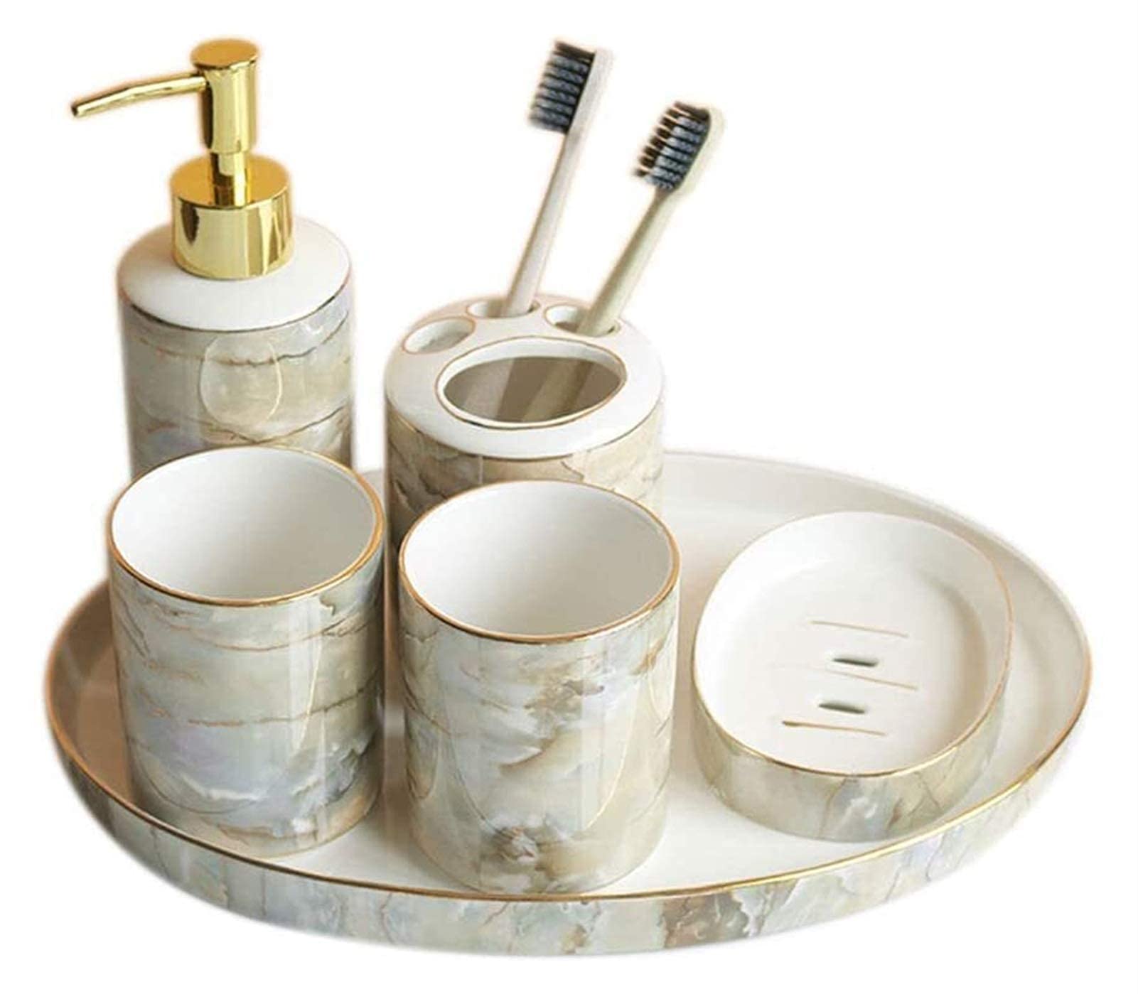 Premium Ceramic Soap Dispenser & Bathroom Set - 6-Piece Hotel Style Soap Dish, Toothbrush Holder, Lotion Dispenser & Tray for Modern Bathroom Decor - Perfect for Home, Spa & Luxury Hotel Use