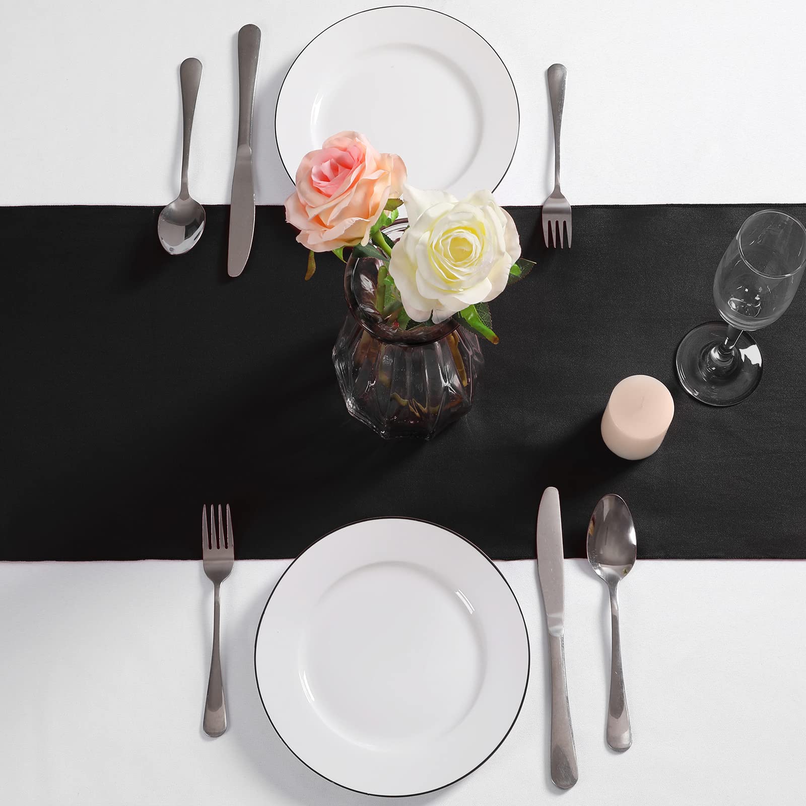 4-Pack Satin Black Table Runners 12x108 Inch - Elegant Long Party Table Decor for Weddings, Banquets, Birthday Buffets & Graduation Dinners | Smooth & Shiny Fabric for Formal Dining Events & Holiday Celebrations