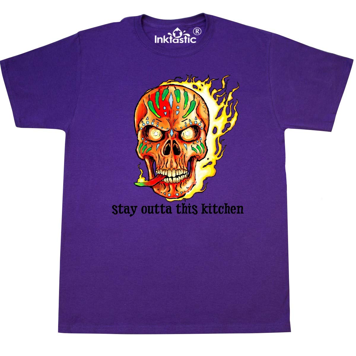 Inktastic Fire Skull Stay Outta This Kitchen Graphic T-Shirt for Men & Women - Cool Skull Design Casual Tee for Cooking, Grilling & Halloween Costumes