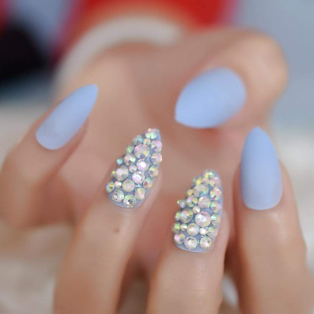 3D Light Blue Rhinestone Acrylic False Nails - Matte Stiletto Medium Length Fake Nails with Sharp Tips for Women | Perfect for Parties, Weddings, and Special Occasions