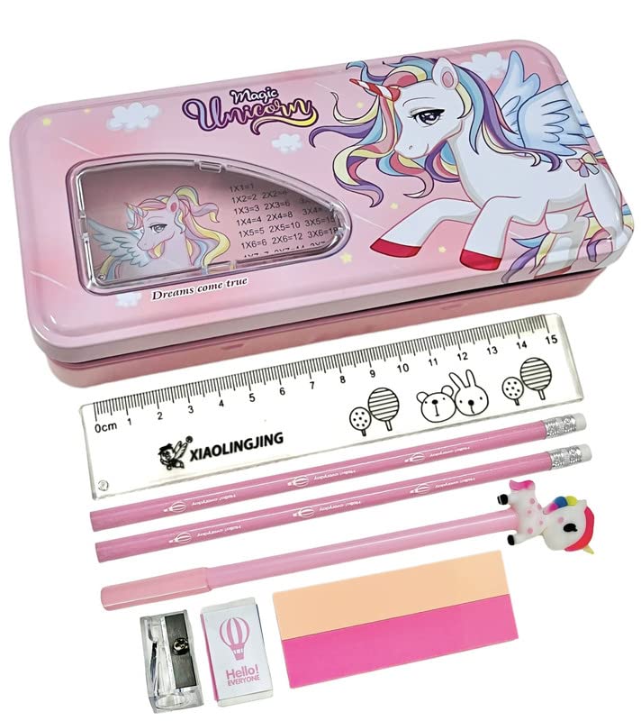 LE DELITE Cartoon Pencil Box - Double Layer School Stationery Organizer with Pencils, Ruler, Eraser, Sharpener & Gel Pens for Kids (Unicorn Design) - Perfect for Classroom, Homework & Back-to-School Supplies