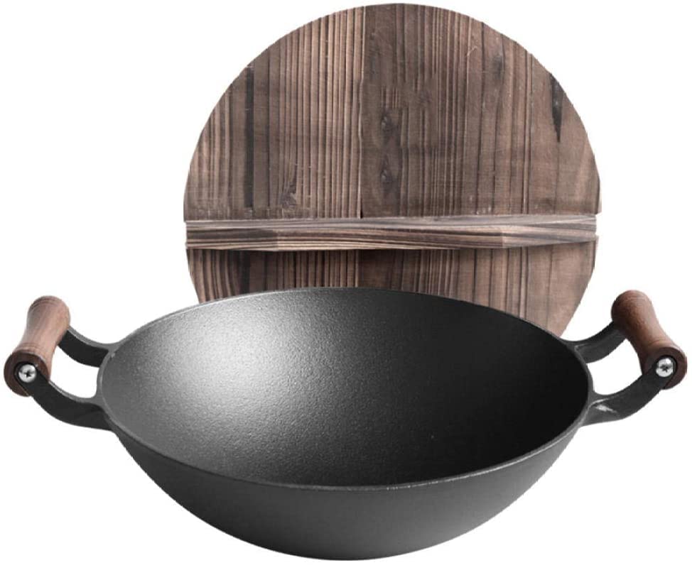 SYXBXZ 36cm Cast Iron Wok Pan with Wooden Lid - Uncoated Nonstick Skillet for Induction Cooktops - Perfect for Stir-Frying, Deep Frying & Home Cooking