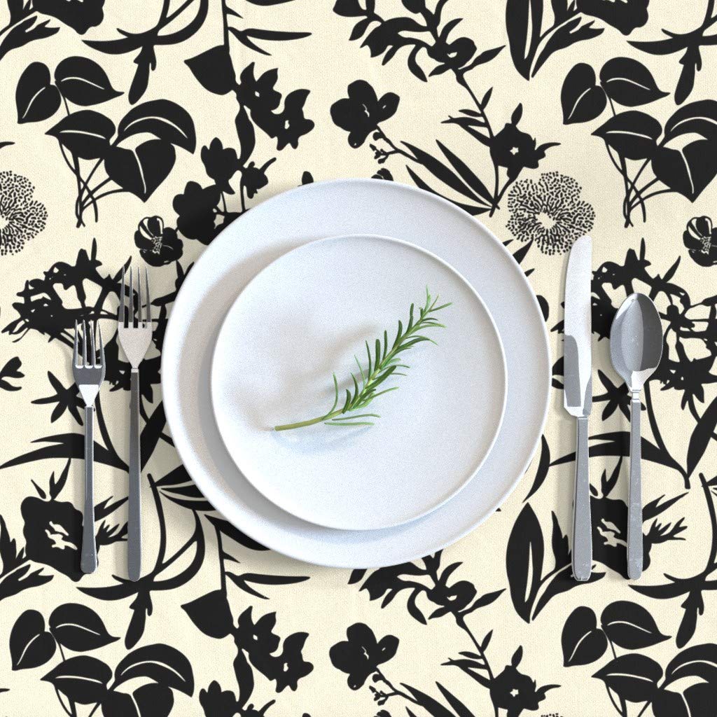 Premium Cotton Sateen Tablecloth 70x120 Inches - Tropical Floral Botanical Print in Black Sand White | Modern Jungle Abstract Design for Dining Room, Kitchen, Nursery & Party Decor