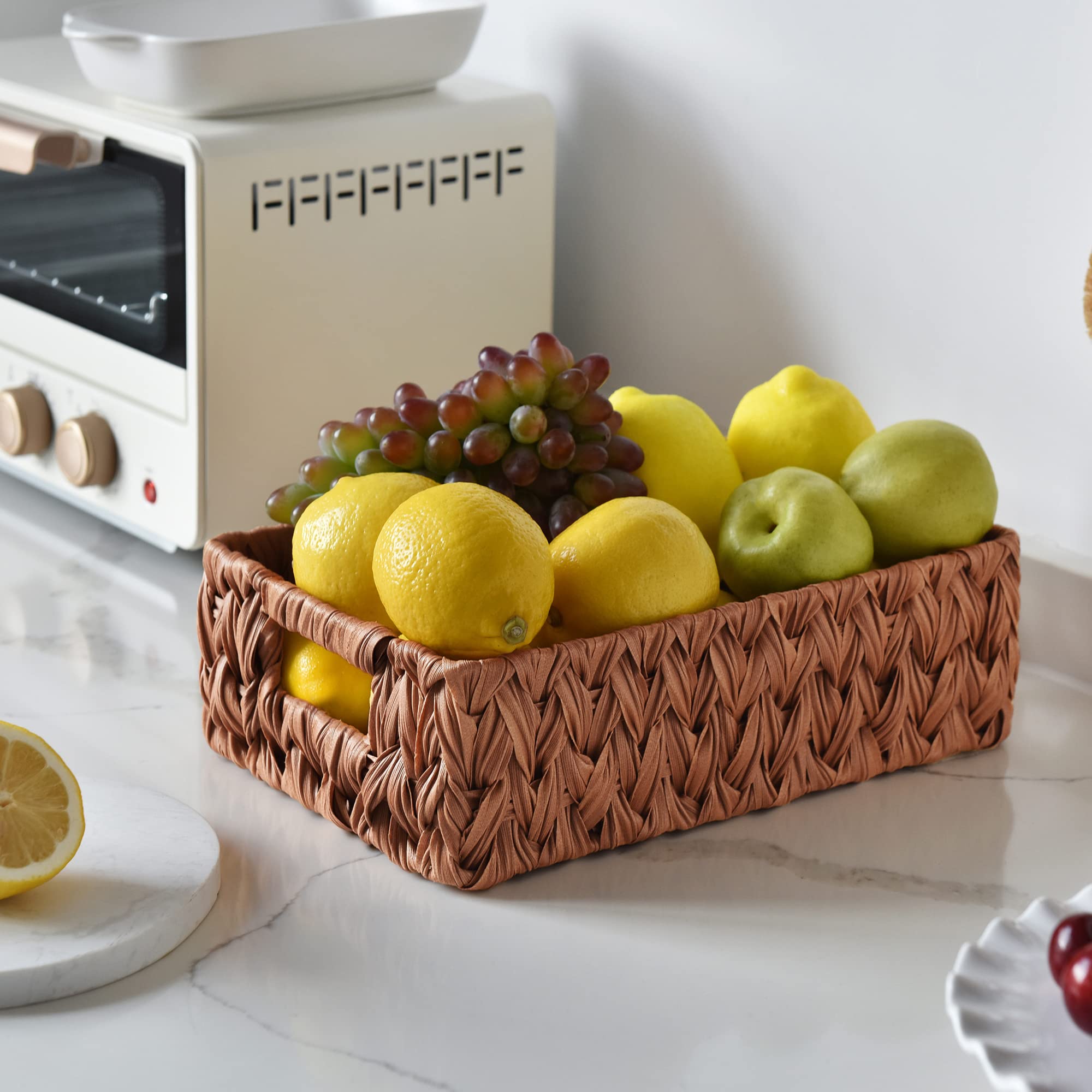 GRANNY SAYS Small Wicker Storage Basket Set of 2 - Waterproof Woven Organizing Baskets for Shelves, Kitchen, Bathroom | Perfect for Food, Tableware & Home Organization (Caramel Orange)