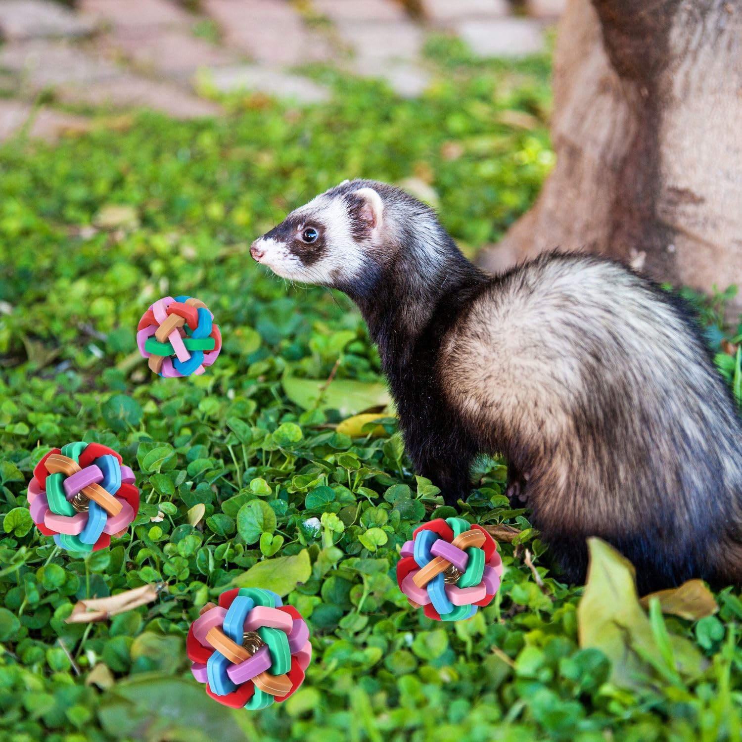 4 Pack Ferret Toys - Colorful Bouncy Rubber Balls with Built-in Bell, Interactive Sound Toys for Ferrets, Cats & Dogs - Teeth Grinding, Exercise & Play - Perfect for Indoor Pets & Playtime Fun